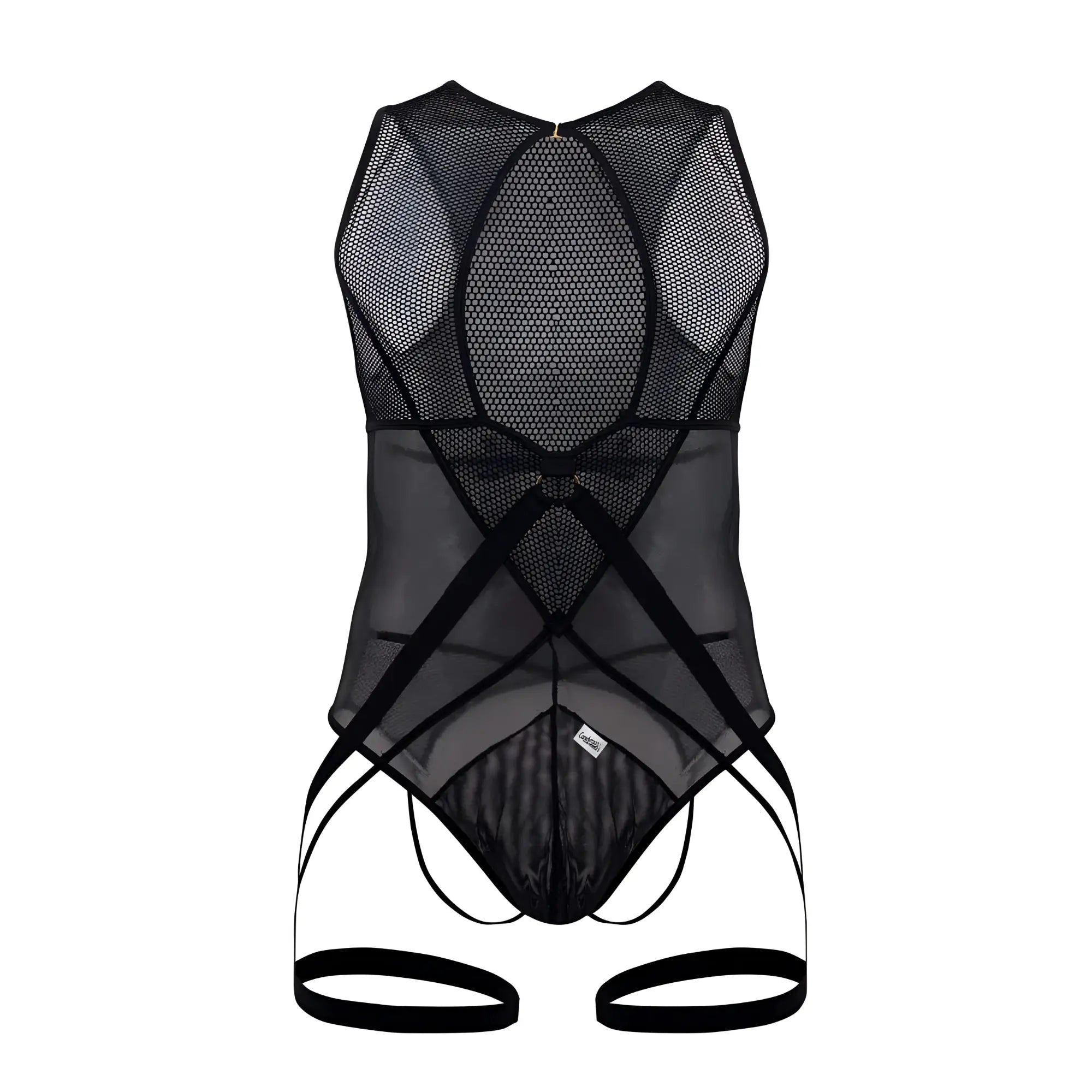 Black mesh candyMan 99650 bodysuit with sheer backless design and adjustable straps shown from the back side