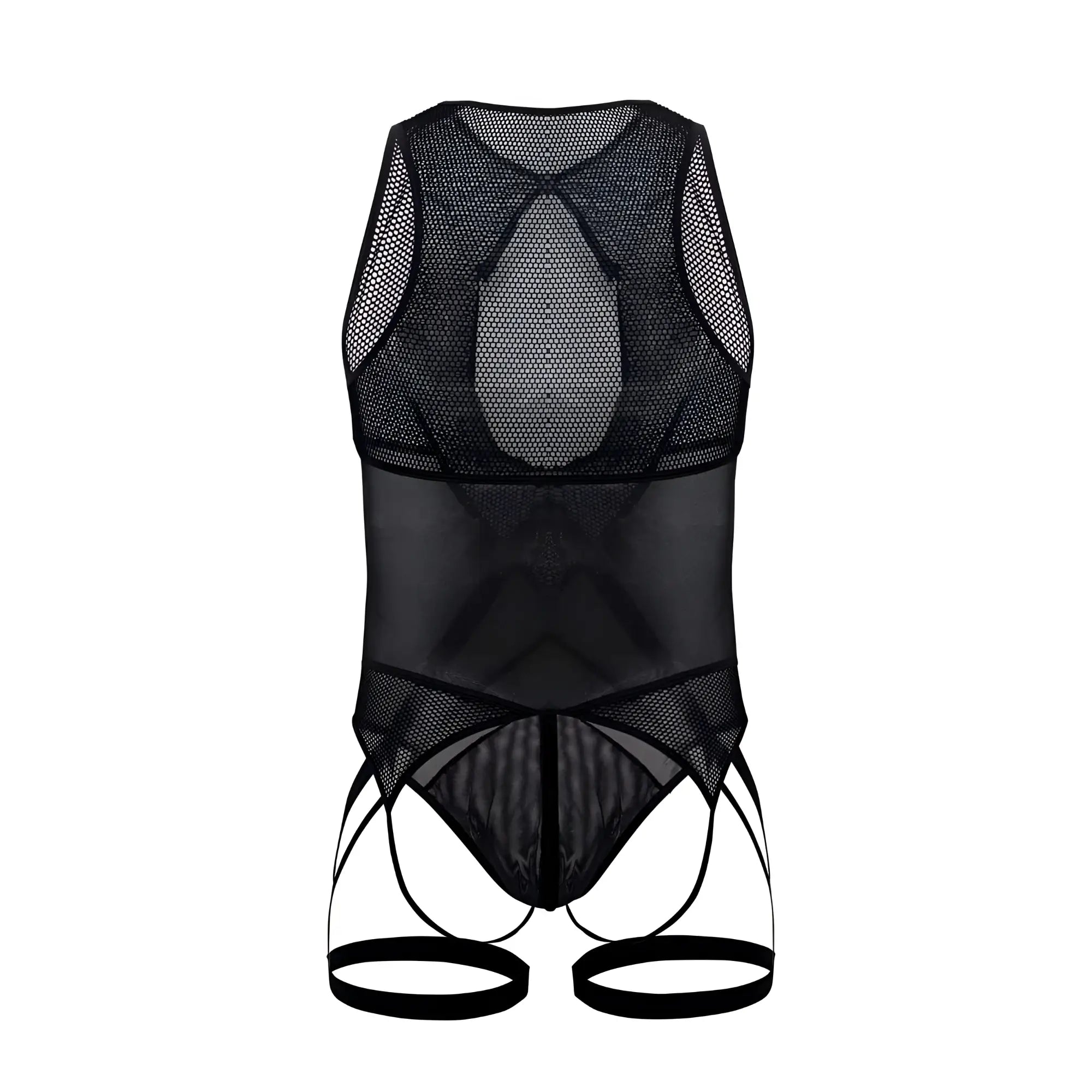 CandyMan 99650 mesh bodysuit in black with sheer, form-fitting design and adjustable straps for a sleek look