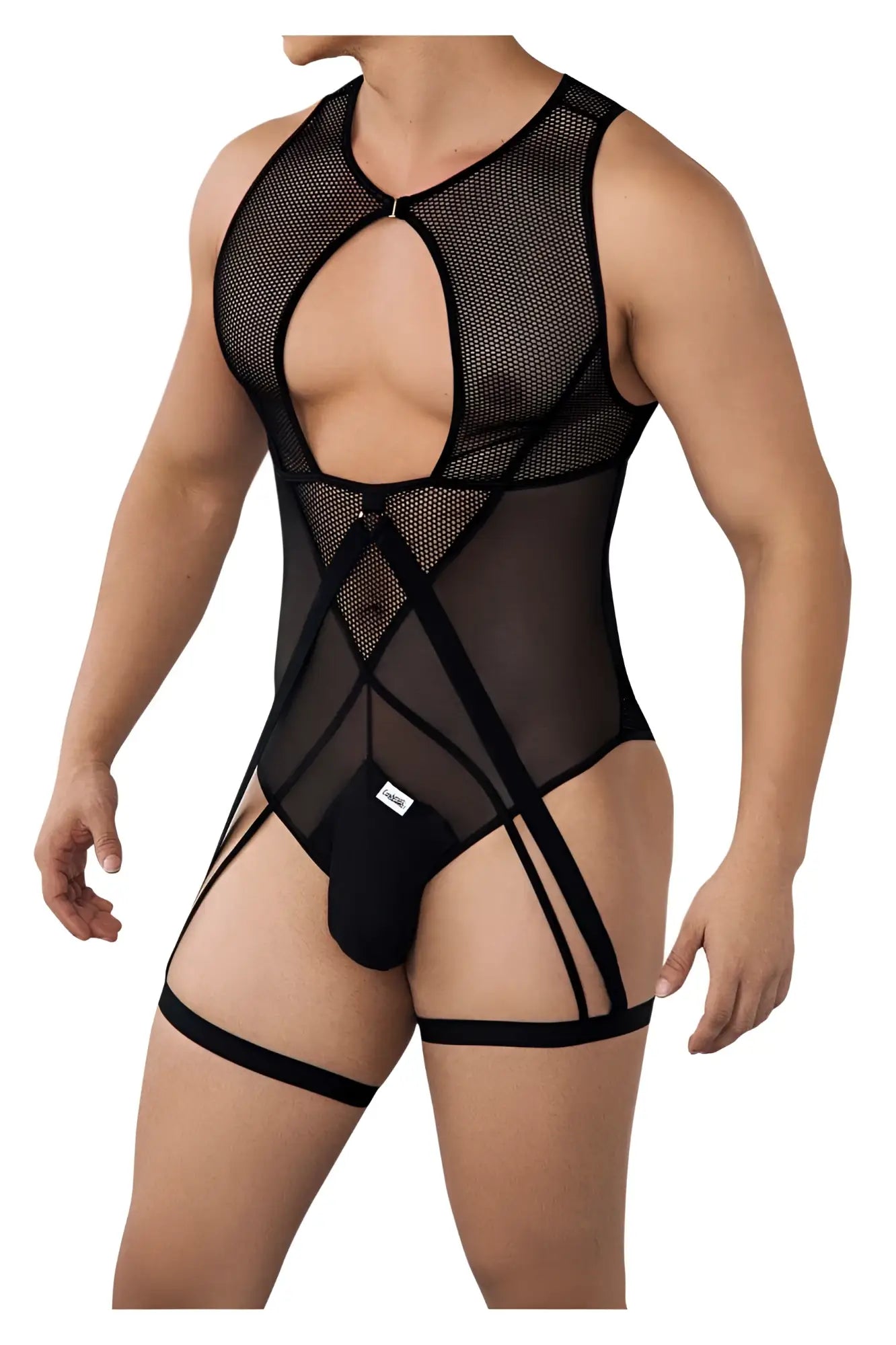 CandyMan 99650 mesh bodysuit in black featuring sheer panels and strappy leg ties for a bold look