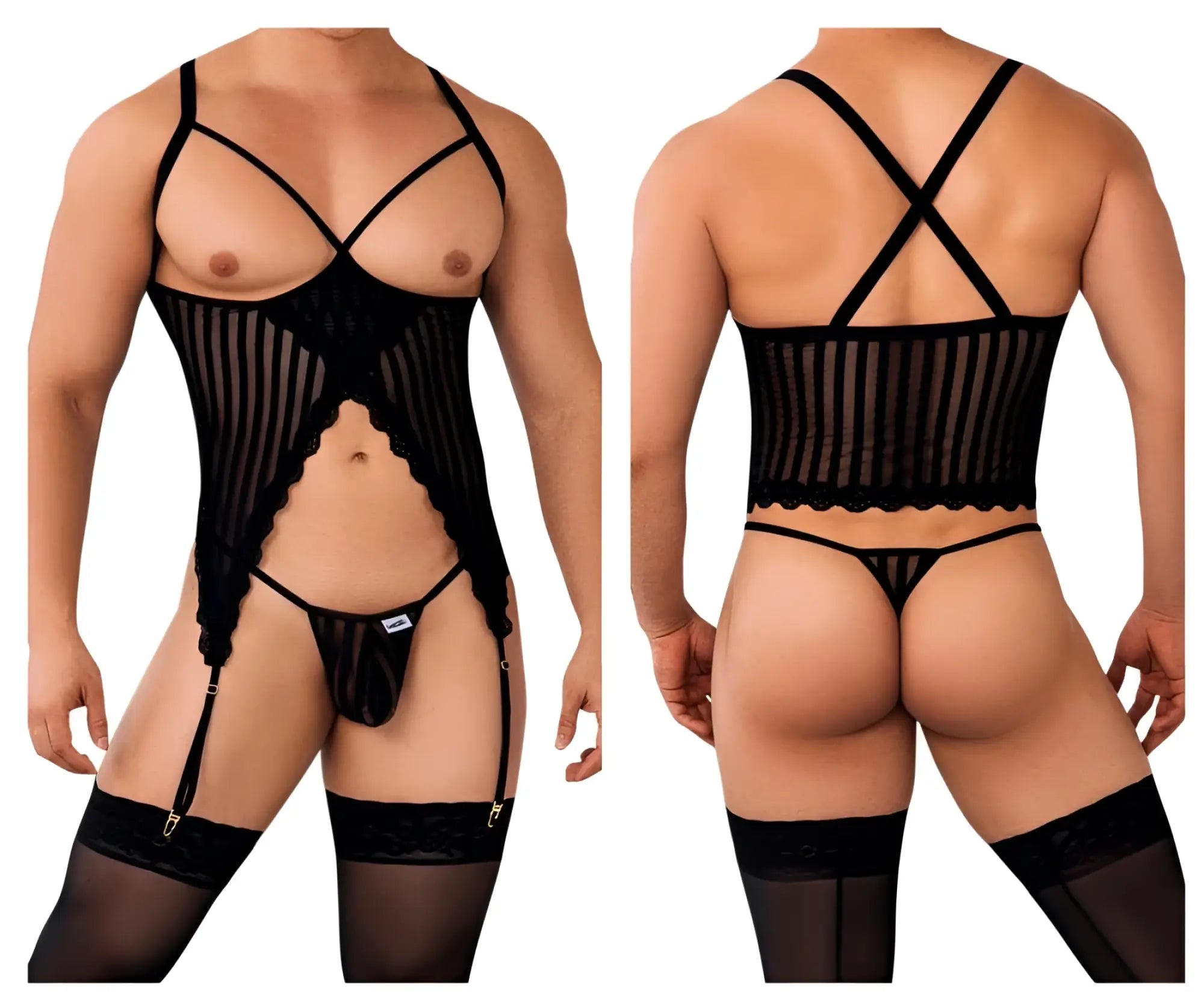 Black sheer mesh bodysuit with lace trim and adjustable straps from candyman 99654 mesh two piece set