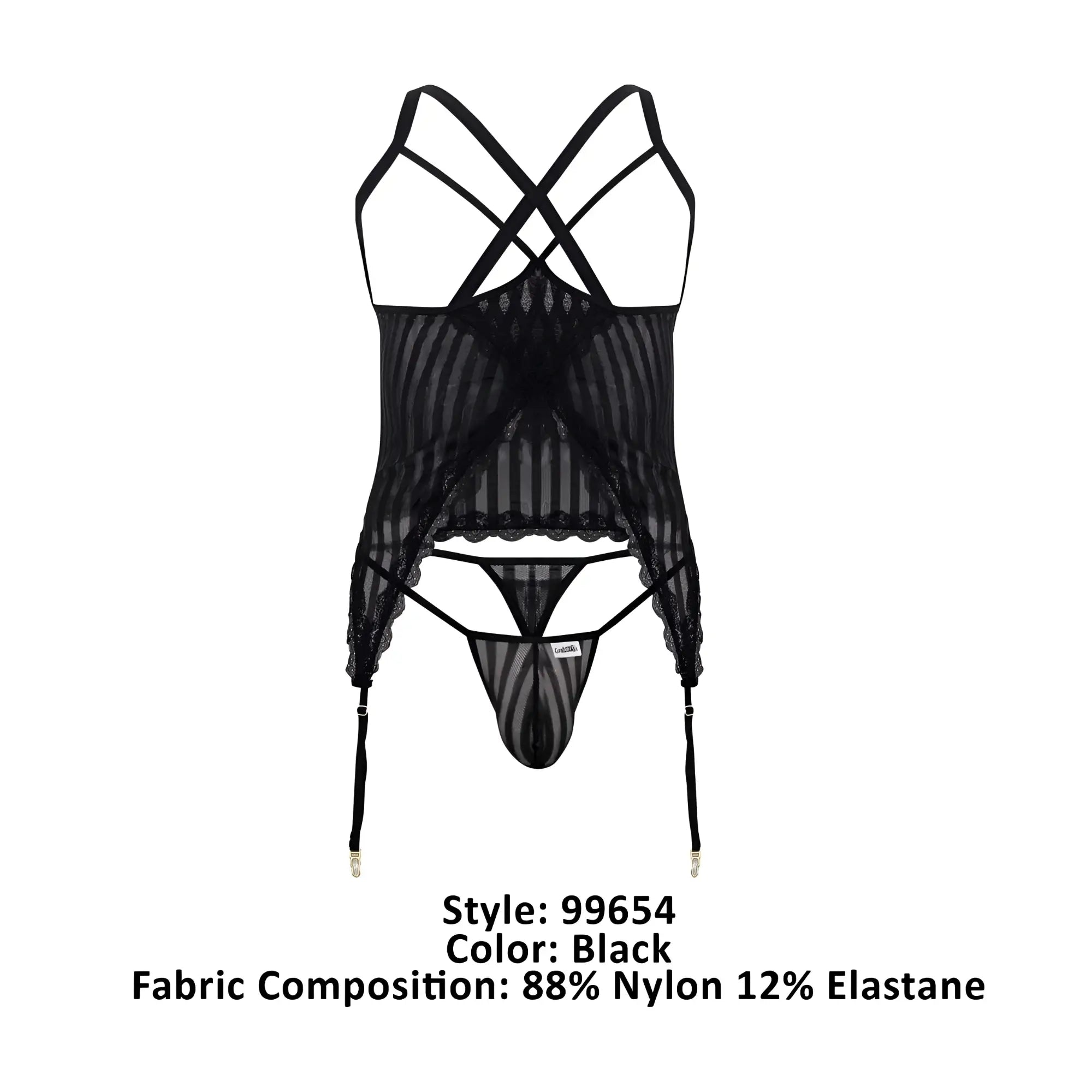 Black sheer lace bodysuit with crisscross straps and garter belt in CandyMan 99654 mesh two piece set color black