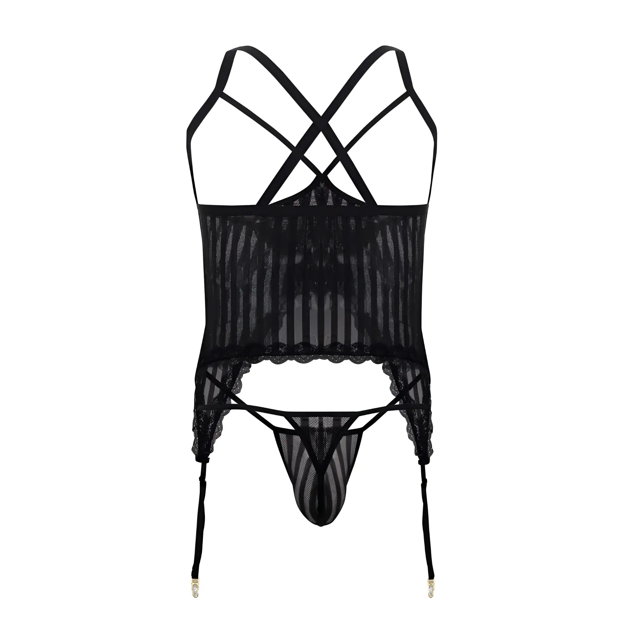 CandyMan 99654 black sheer mesh two piece lingerie set with lace trim and crisscross straps
