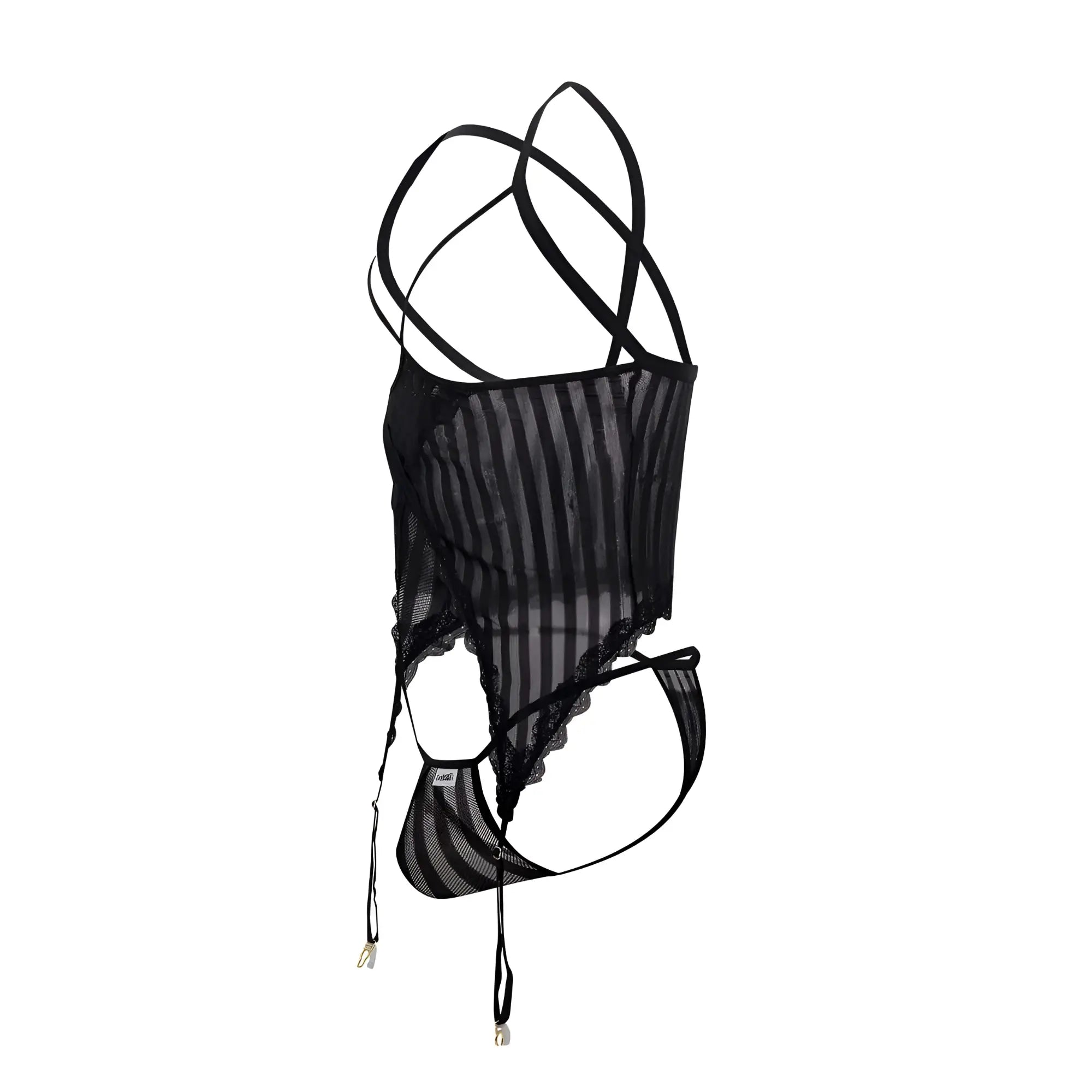 Black sheer striped lingerie set with lace trim and adjustable straps candy man 99654 mesh two piece set