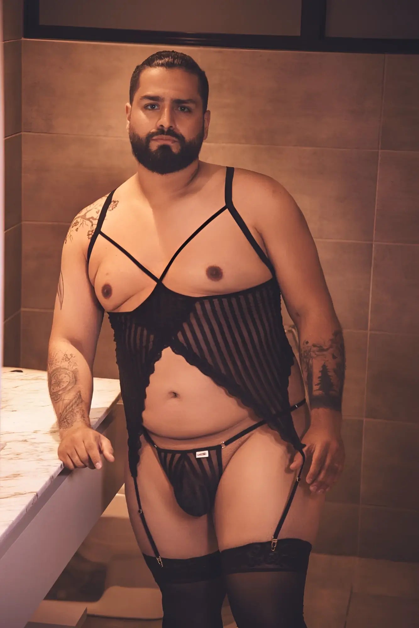 Black lace mesh bodysuit with suspenders and matching thong from candyman 99654x two piece set in black