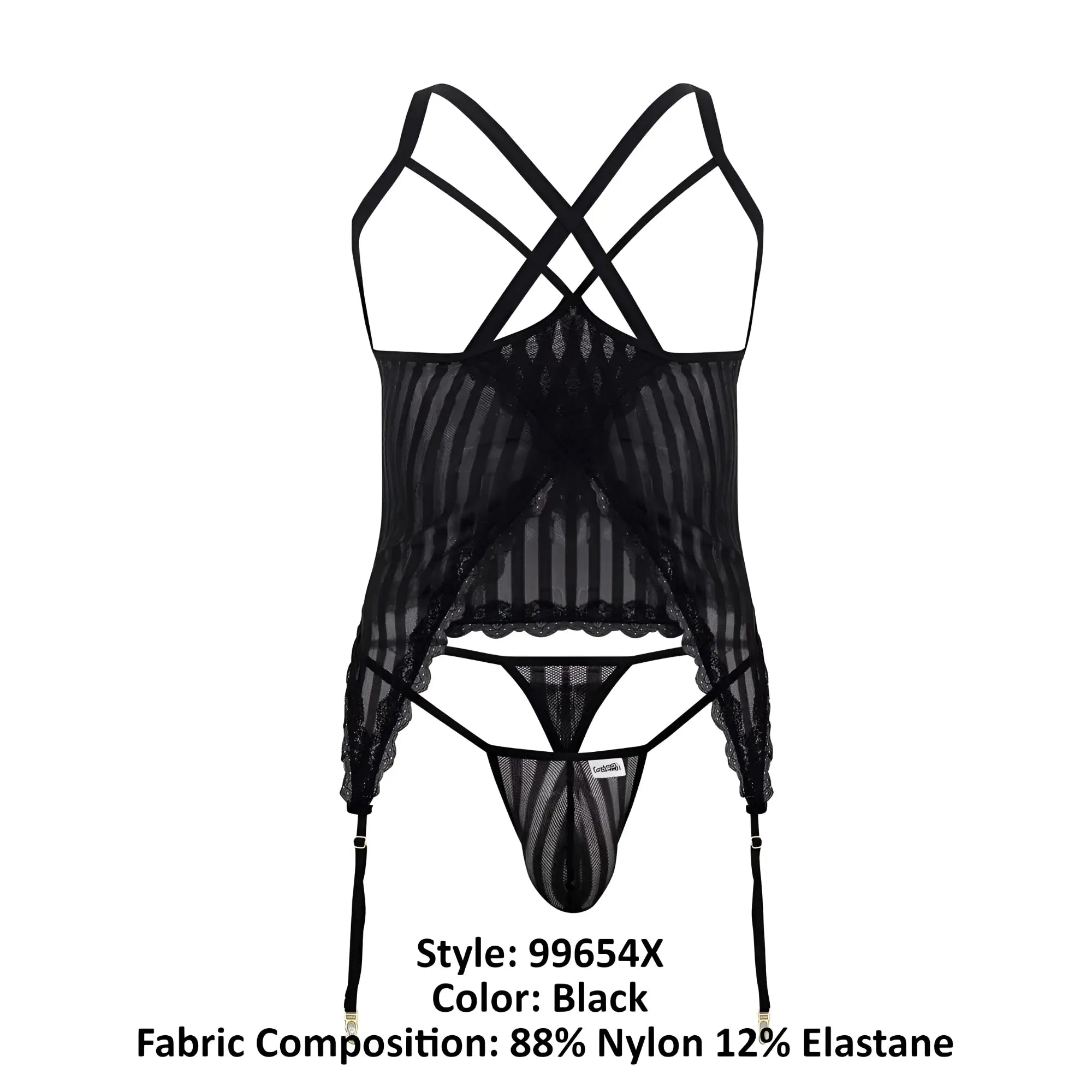 Black lace candyMan 99654X mesh two piece set with sheer striped bodice and matching thong in black