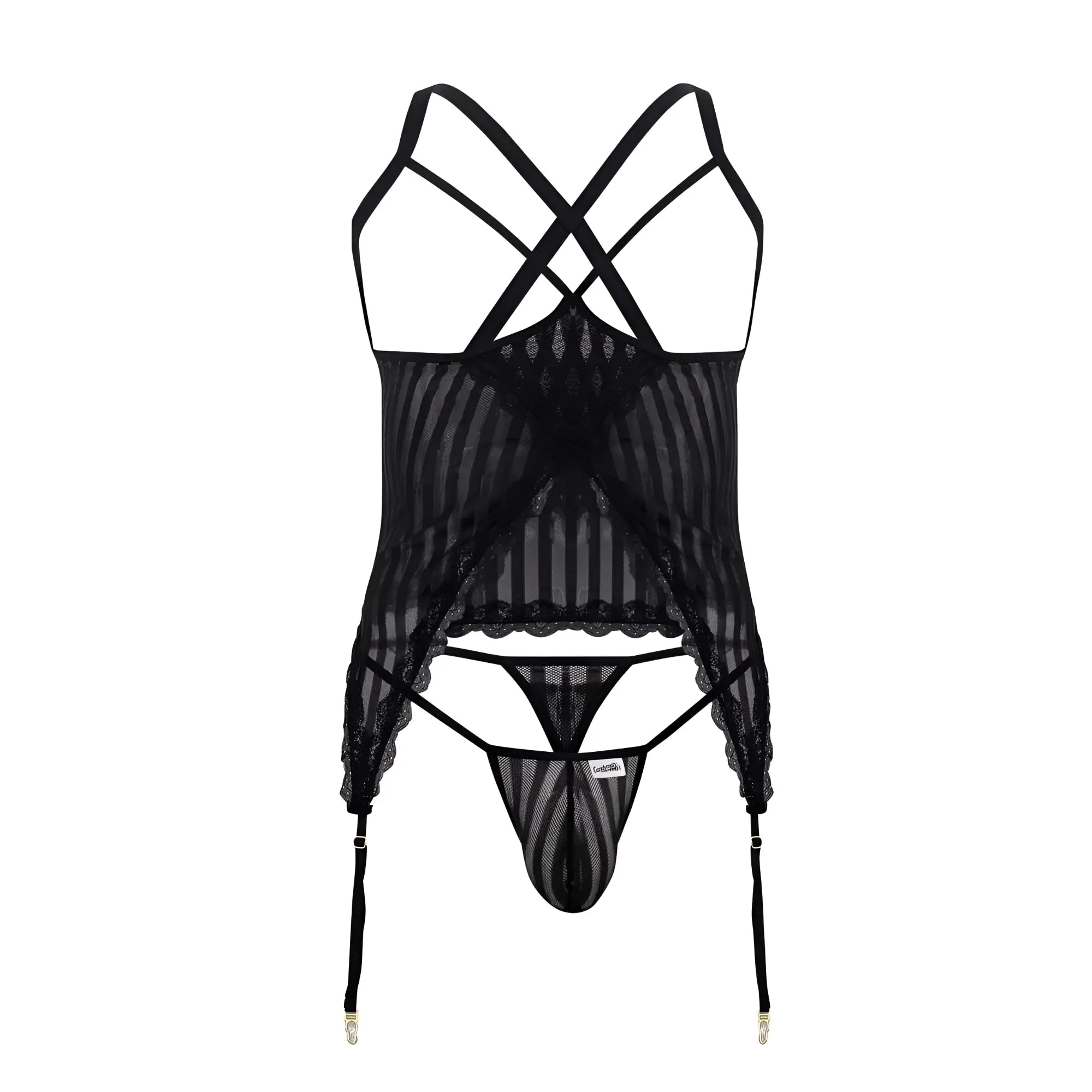 Black sheer lace CandyMan 99654X mesh two piece lingerie set with crisscross straps and garter belts