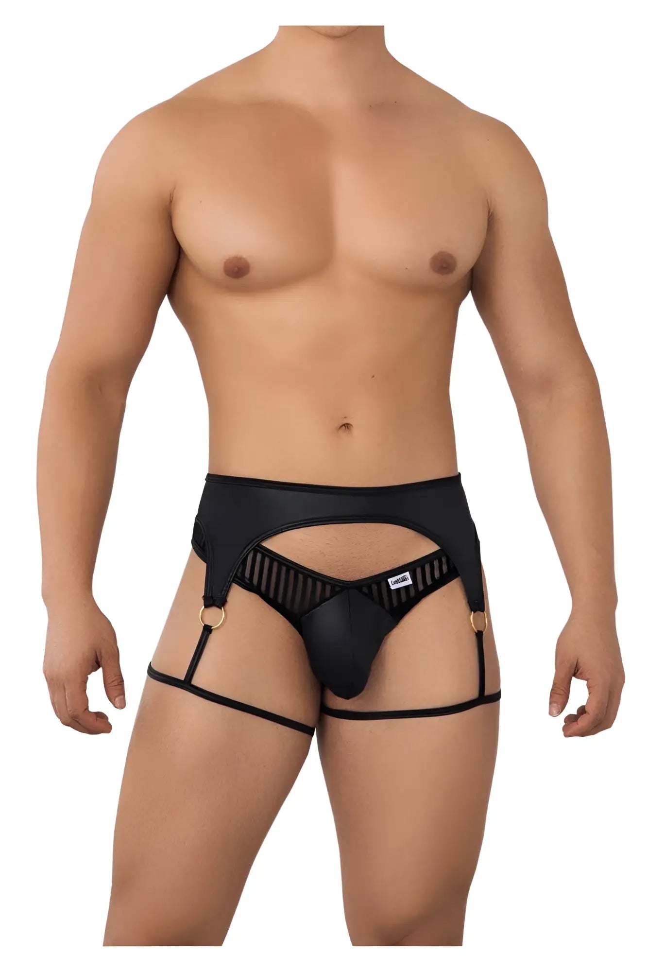 Black leather-like CandyMan 99655 garter thongs with gold metal rings and mesh panel design front view