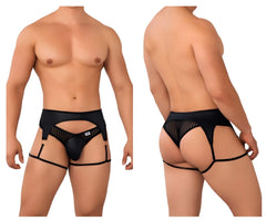 Black leather-like harness-style garter thongs with mesh panels and gold-tone rings by candyMan 99655
