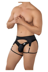 Black leather-like men’s garter belt candy man 99655 with central pouch and gold-tone metal rings