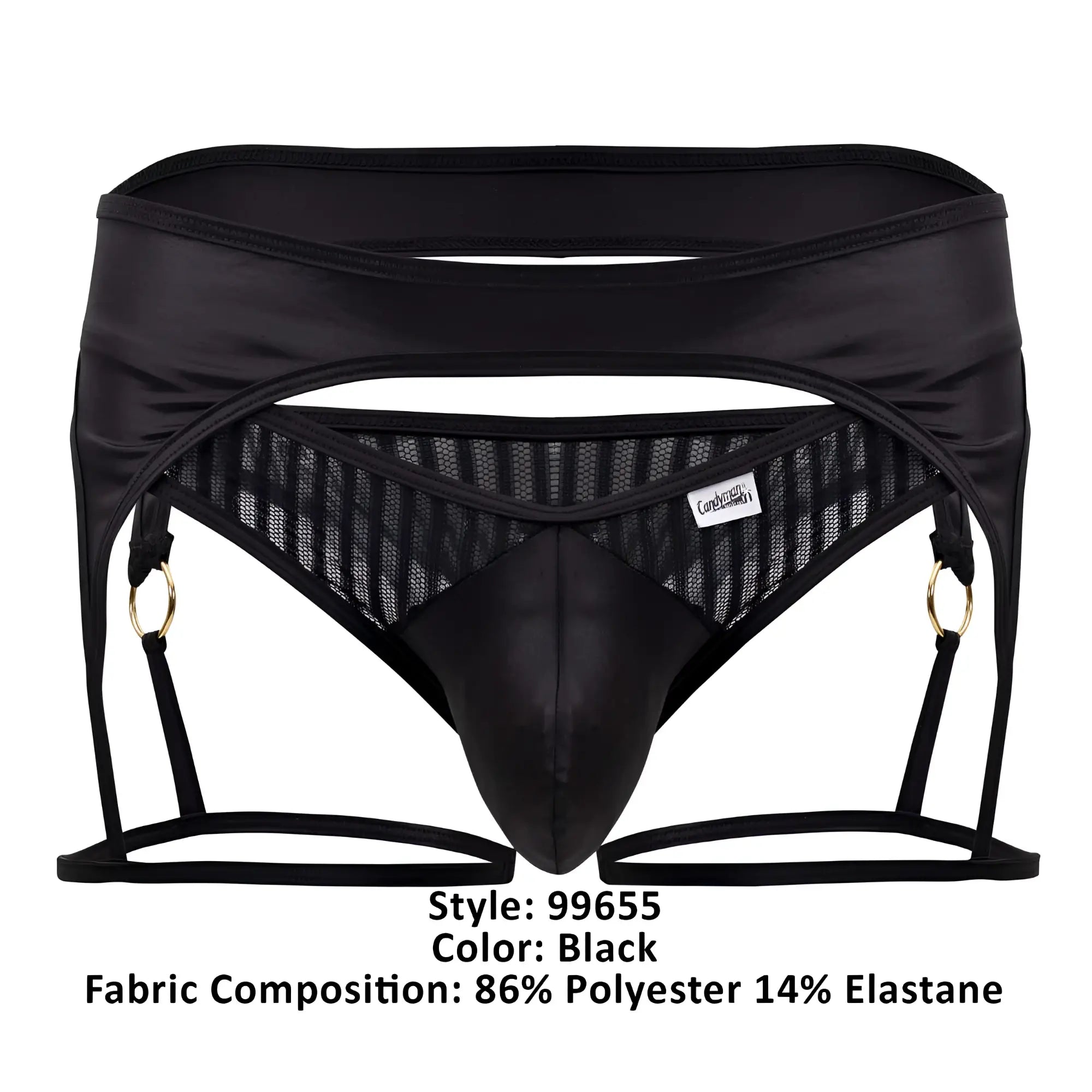 Black satin and mesh garter thong for men with gold-tone rings candyMan 99655 color black shown from back
