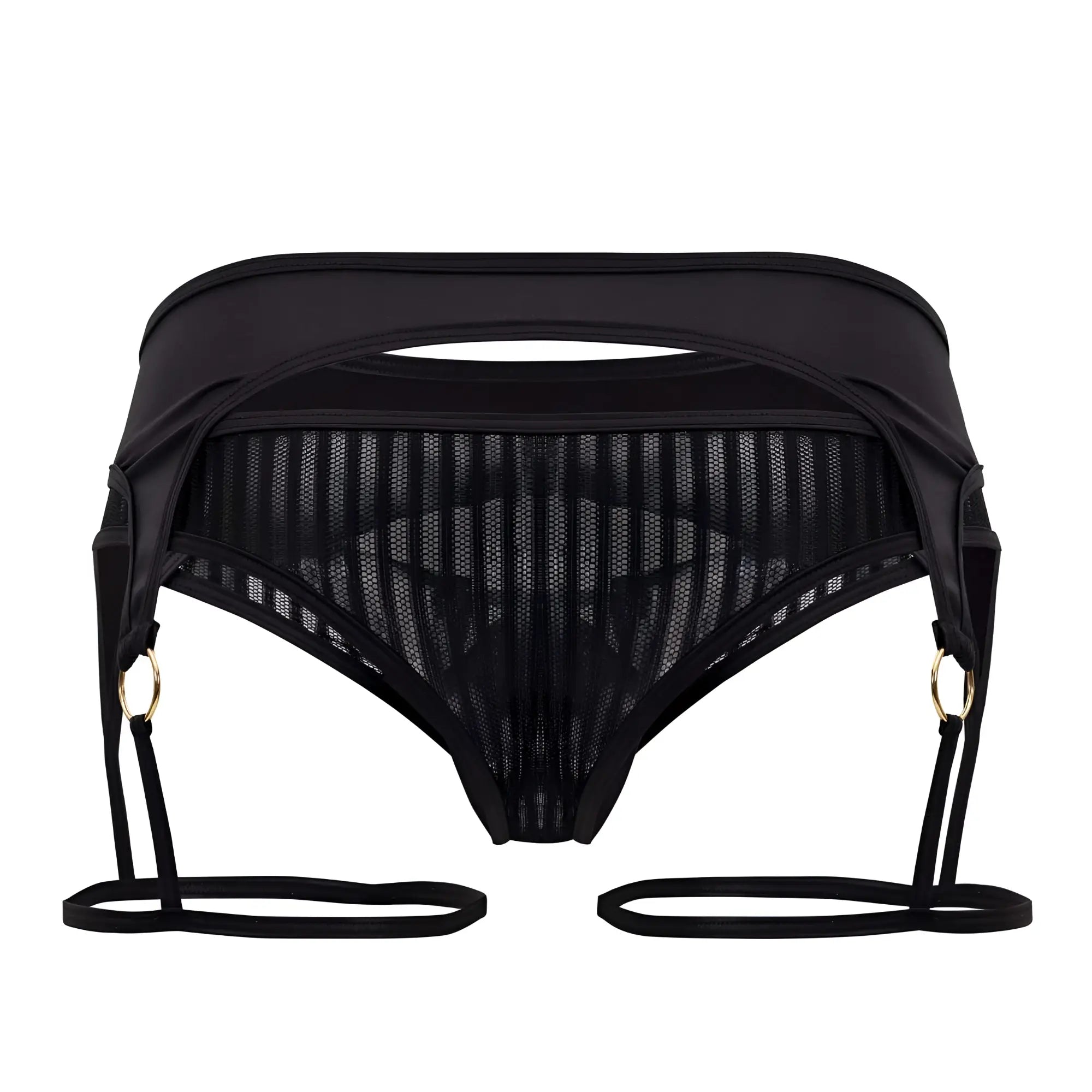 Black mesh thong garter by candyman with adjustable straps and gold-toned rings in black color front view