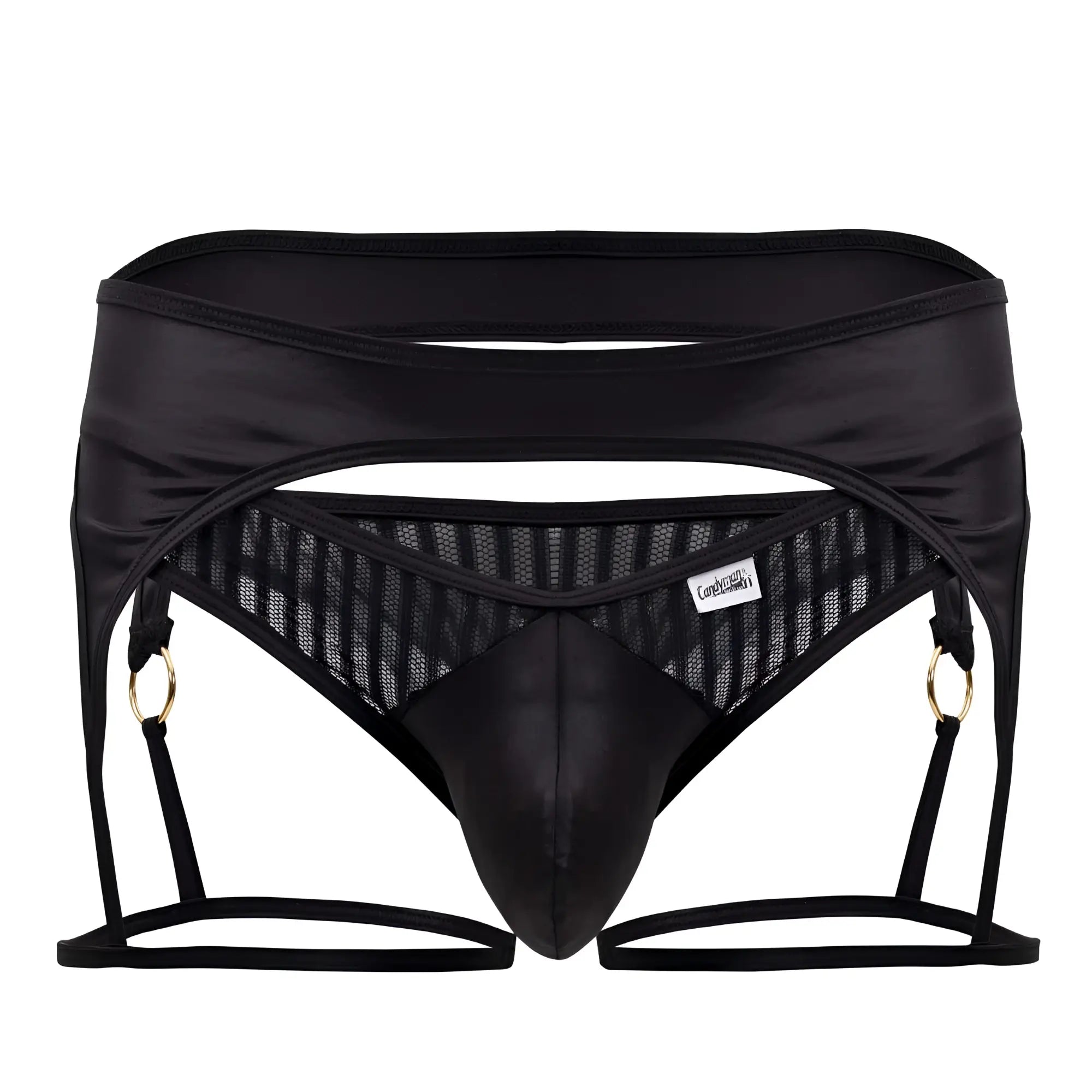 Black satin candyMan 99655 garter thongs with mesh panels and gold-toned grommets by candal