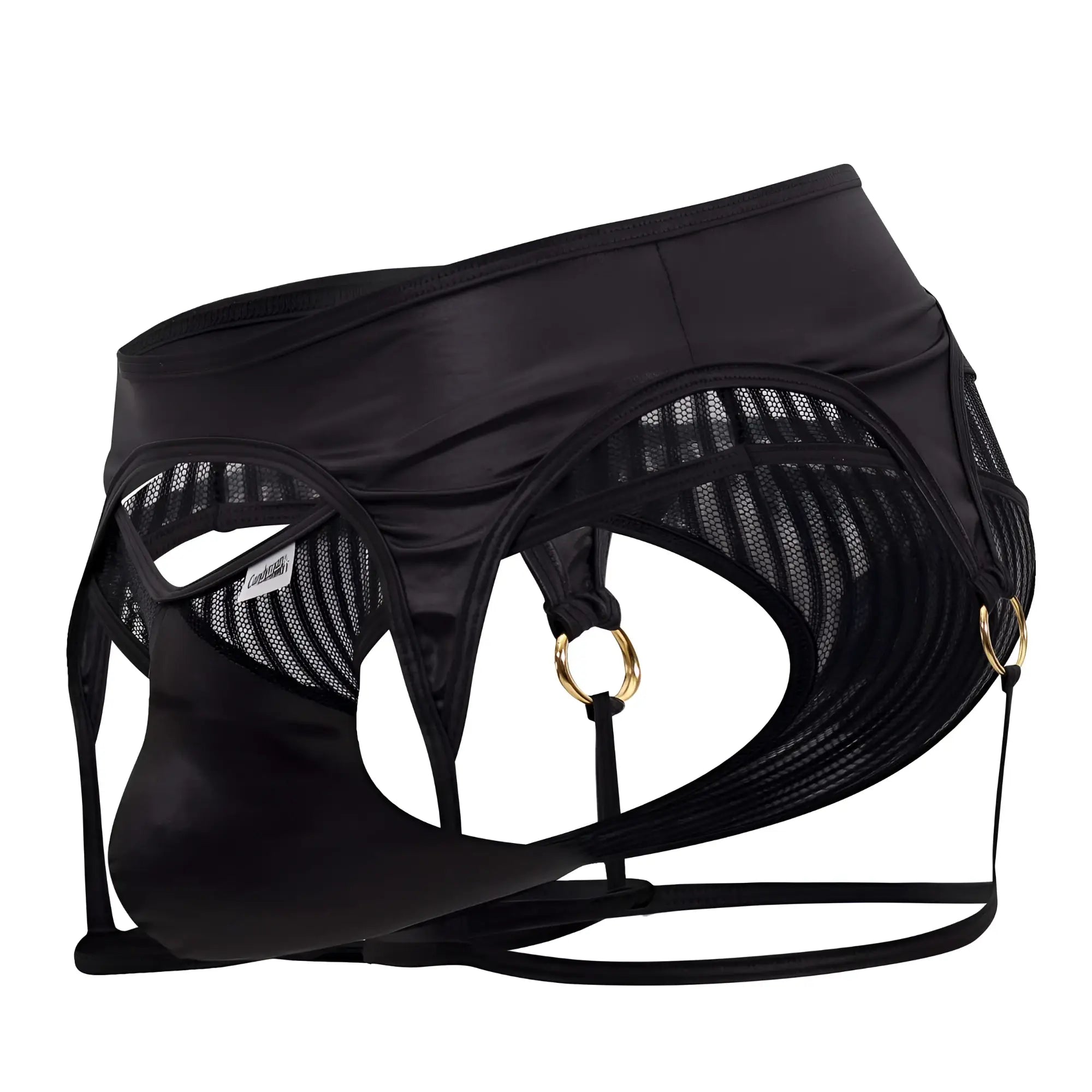 CandyMan 99655 garter thongs black satin and mesh men’s harness-style briefs with gold-tone metal rings