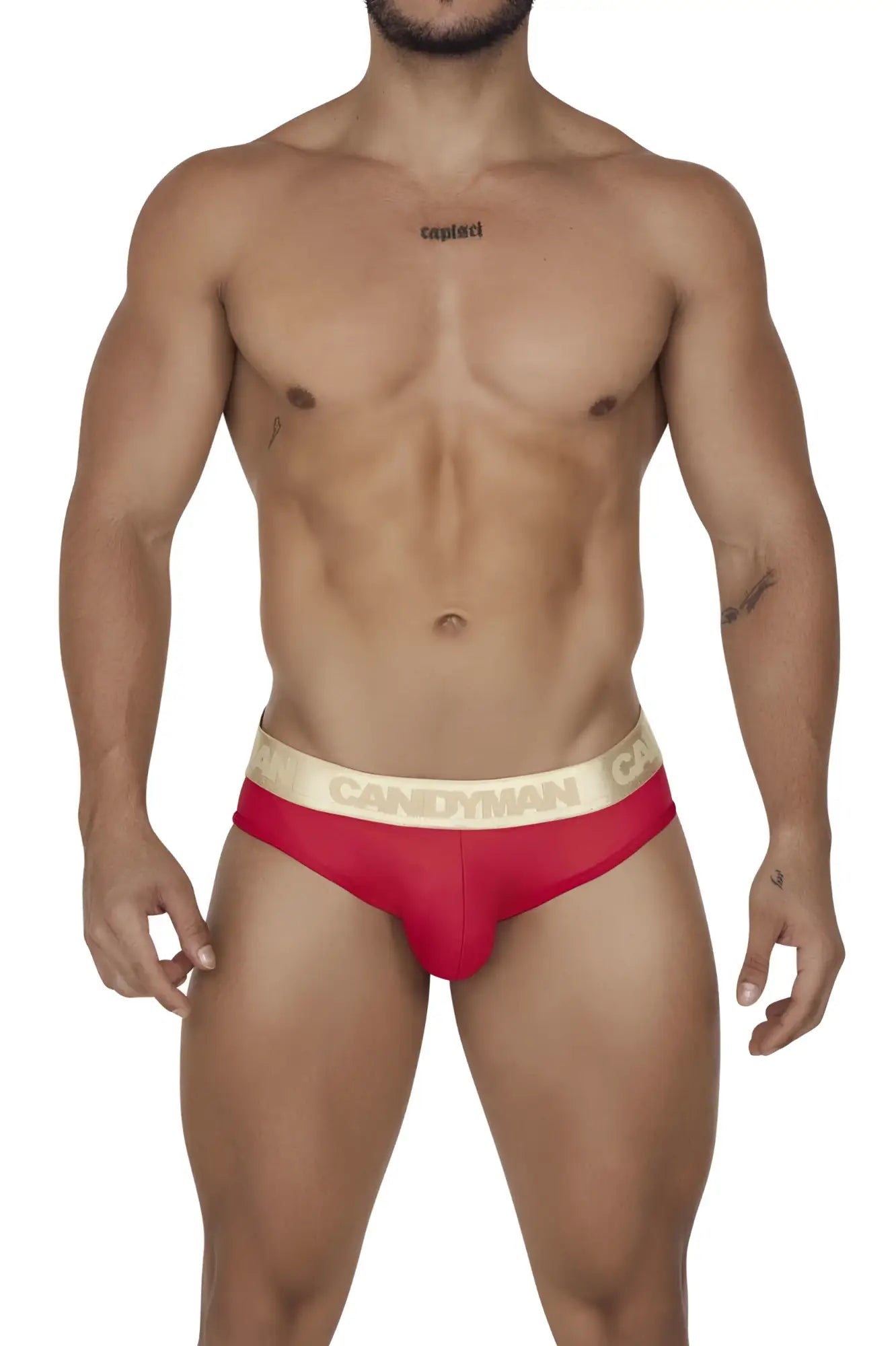 Red candyman 99659 jock briefs in red with beige elastic waistband featuring candyman logo in black lettering