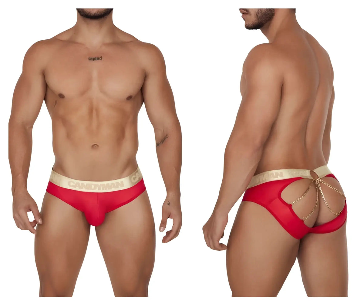 Back view of candyman 99659 red jock briefs with gold waistband and decorative chain detailing