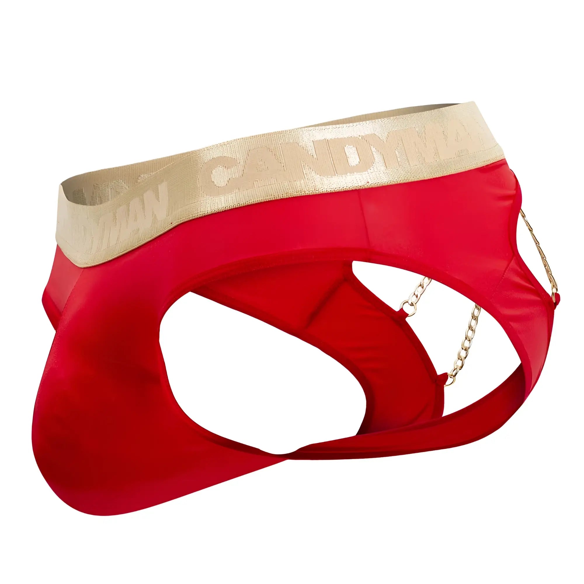 Red candyMan 99659 jock briefs with gold waistband and decorative chain detailing in vibrant red color