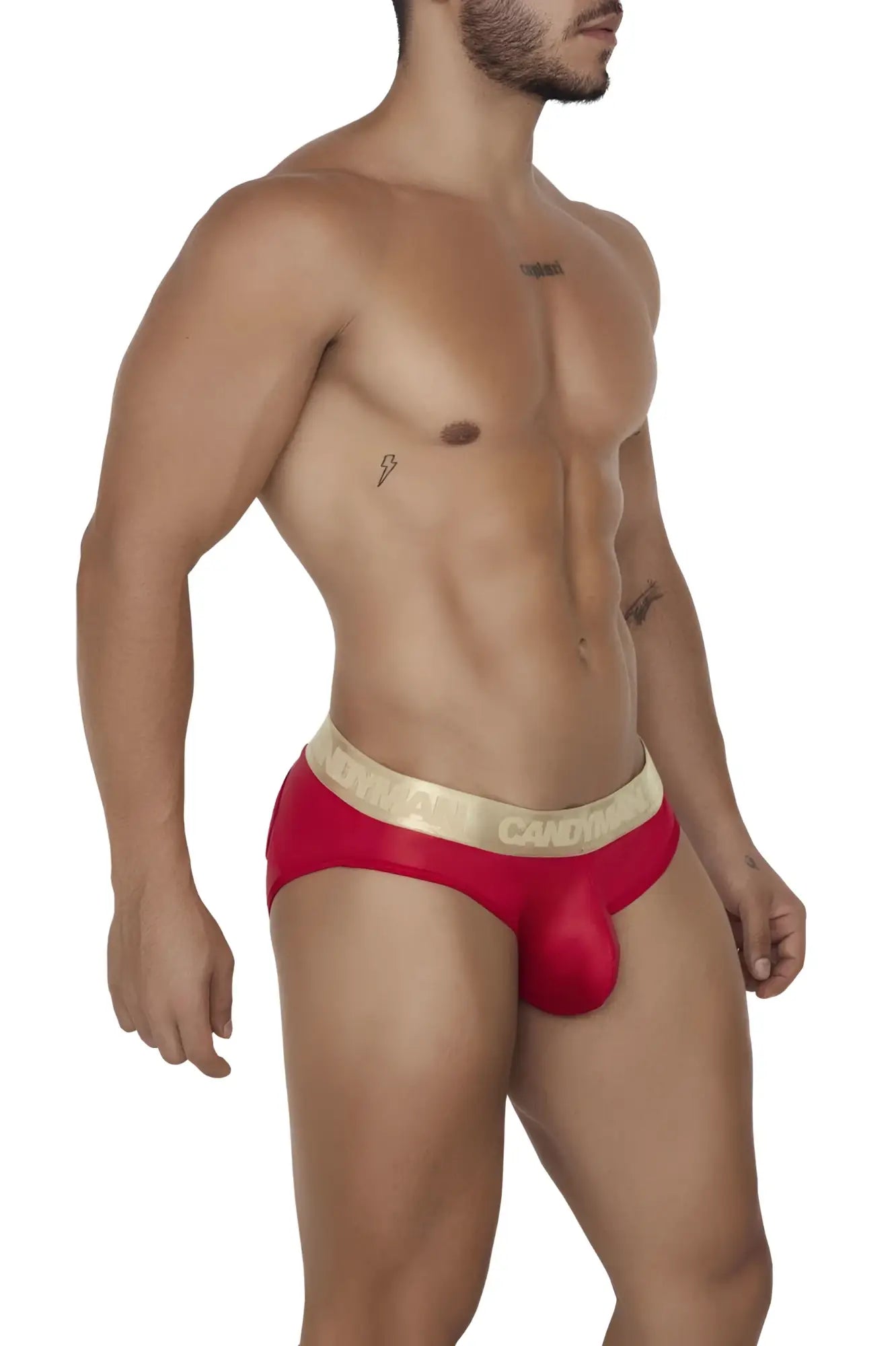 Red CandyMan 99659 jock briefs with gold waistband featuring clover branding in black lettering