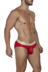 Red CandyMan 99659 jock briefs with gold waistband featuring clover branding in black lettering