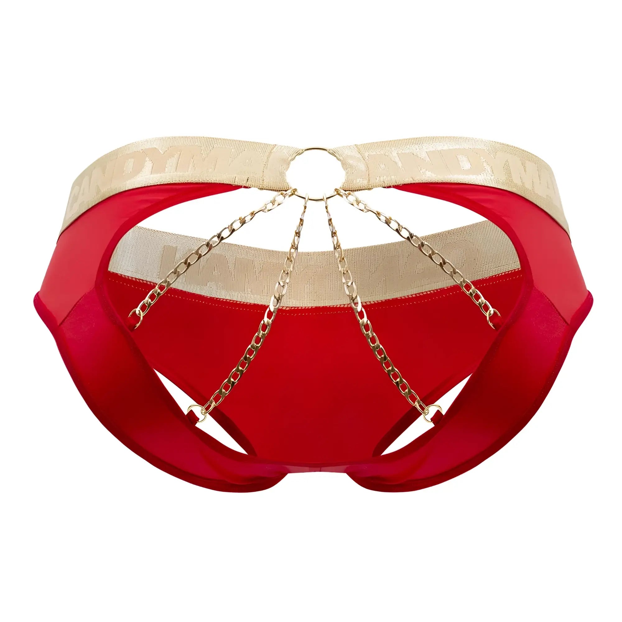 CandyMan 99659 jock briefs in red satin with beige elastic waistband and gold chain detailing