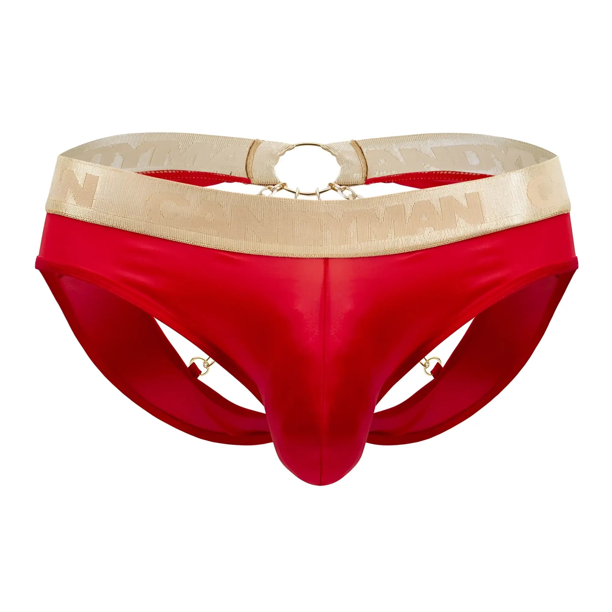 Red satin CandyMan 99659 jock briefs featuring a gold-patterned waistband and metallic ring accents