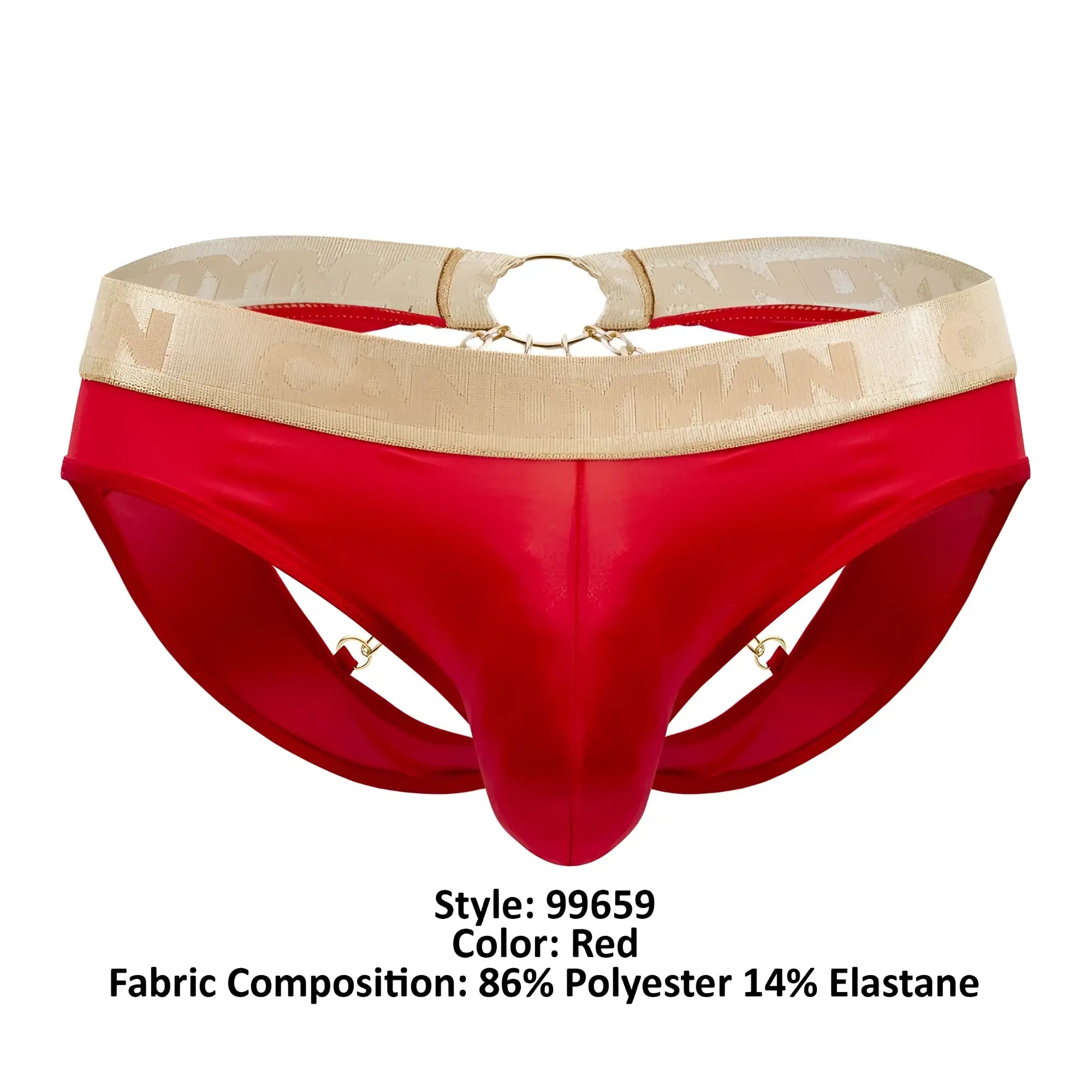 Candyman 99659 jock briefs in red satin fabric with beige patterned waistband and gold-toned metal hardware