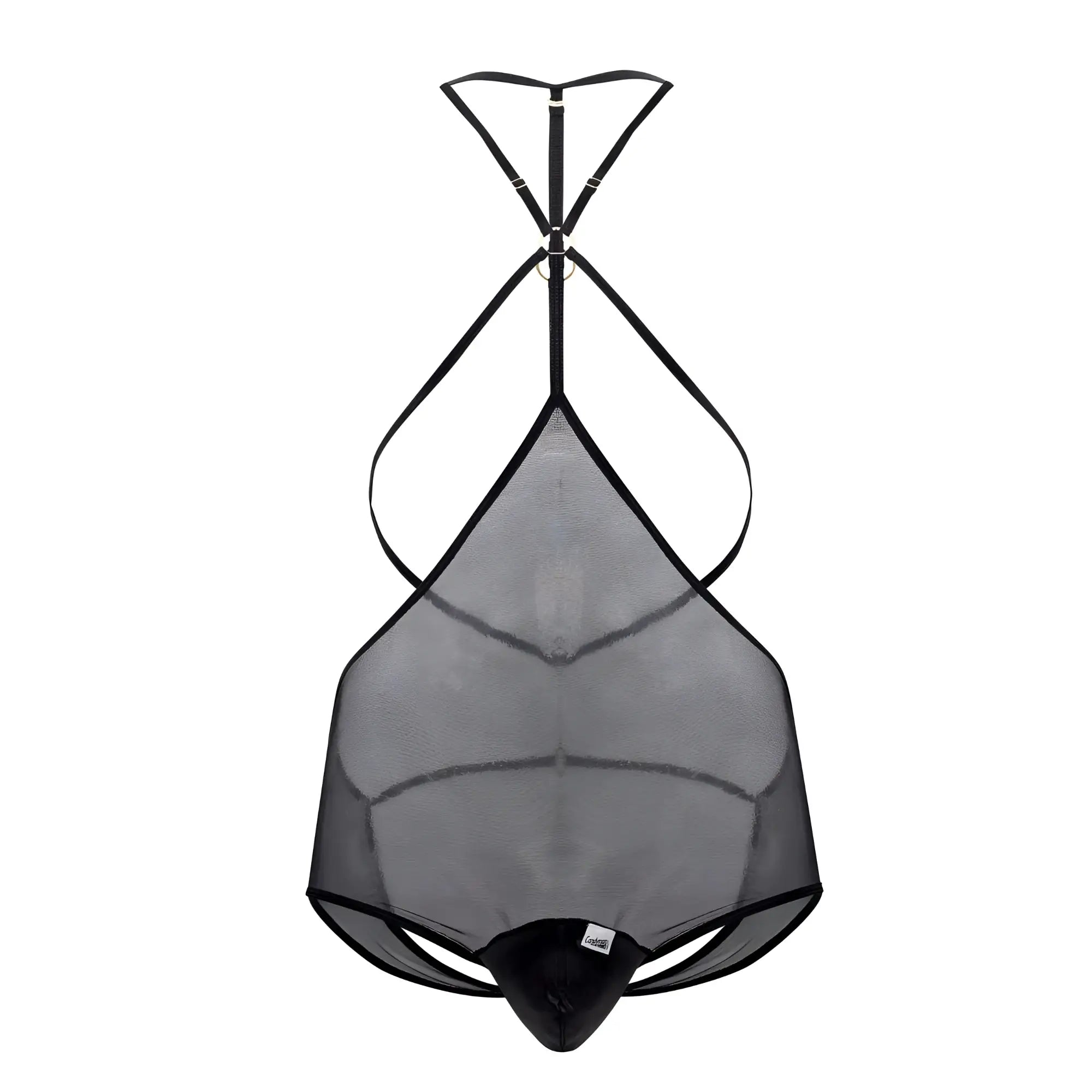 Black CandyMan 99662X tulle bodysuit with thin straps and crisscross design shown from the back