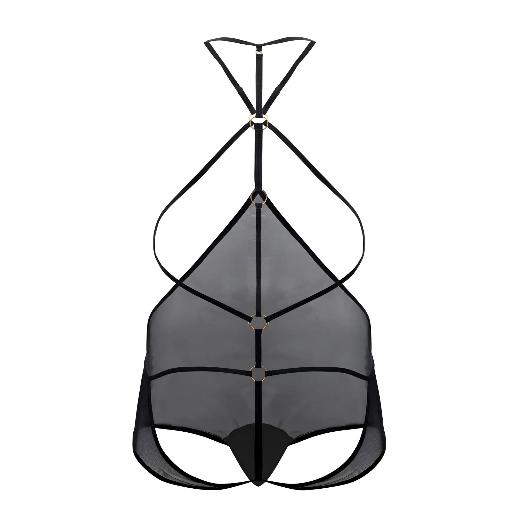Black mesh CandyMan 99662X tulle bodysuit with thin straps and metallic rings in black shown from the back side