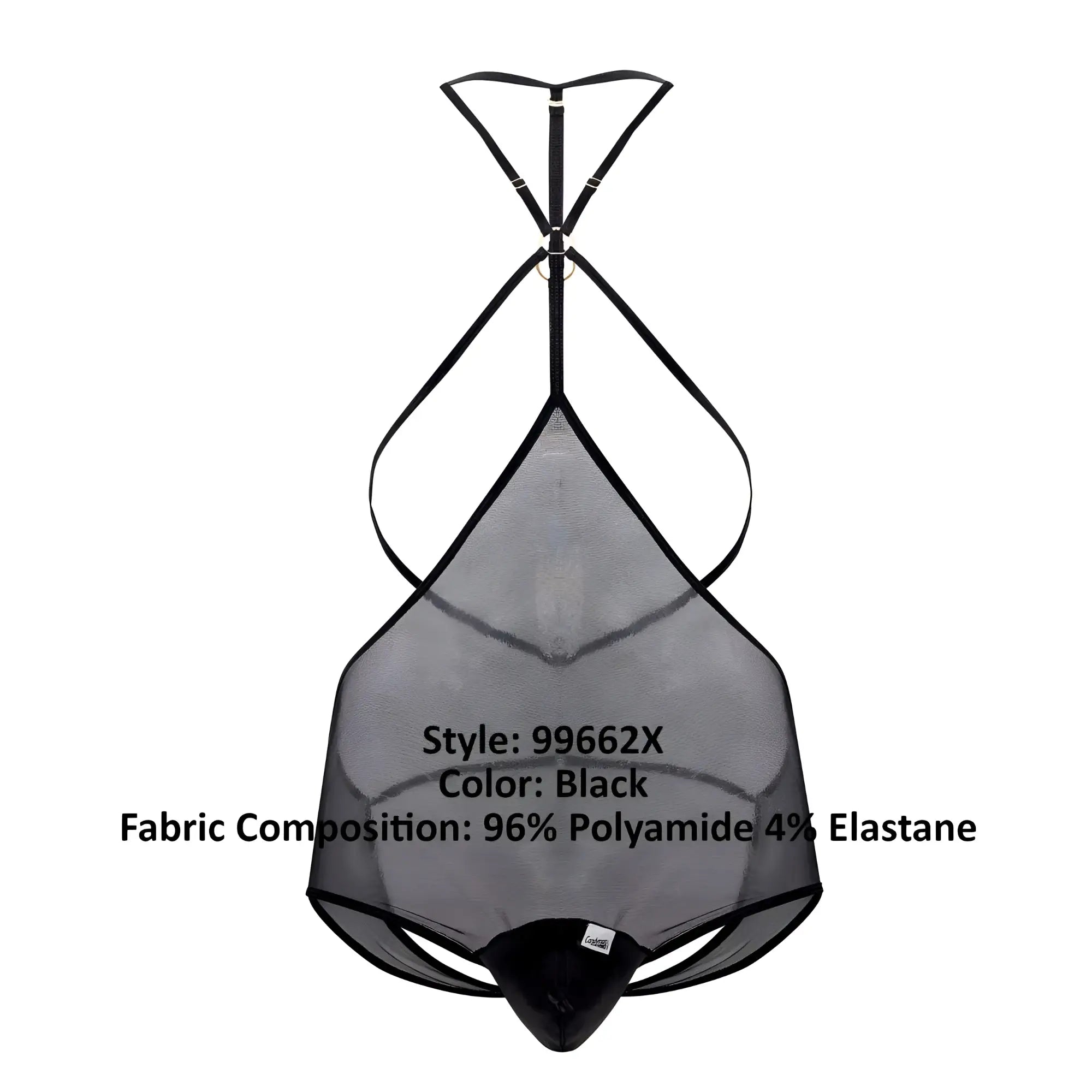 Black sheer mesh tulle bodysuit candy man 99662x with black elastic straps and central metal clasp