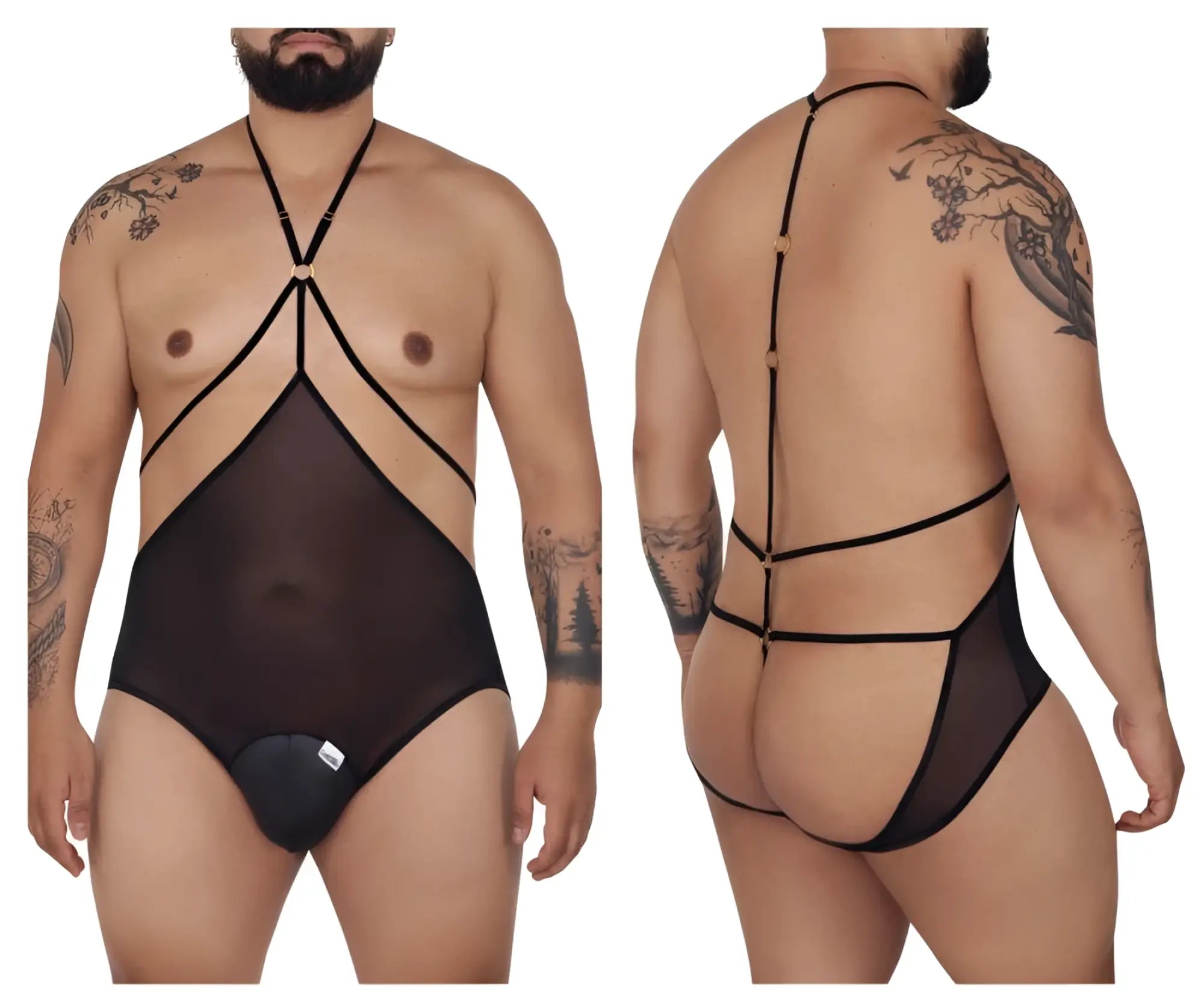 Black sheer mesh tulle bodysuit with black elastic straps and gold-toned hardware accents candyMan 99662X
