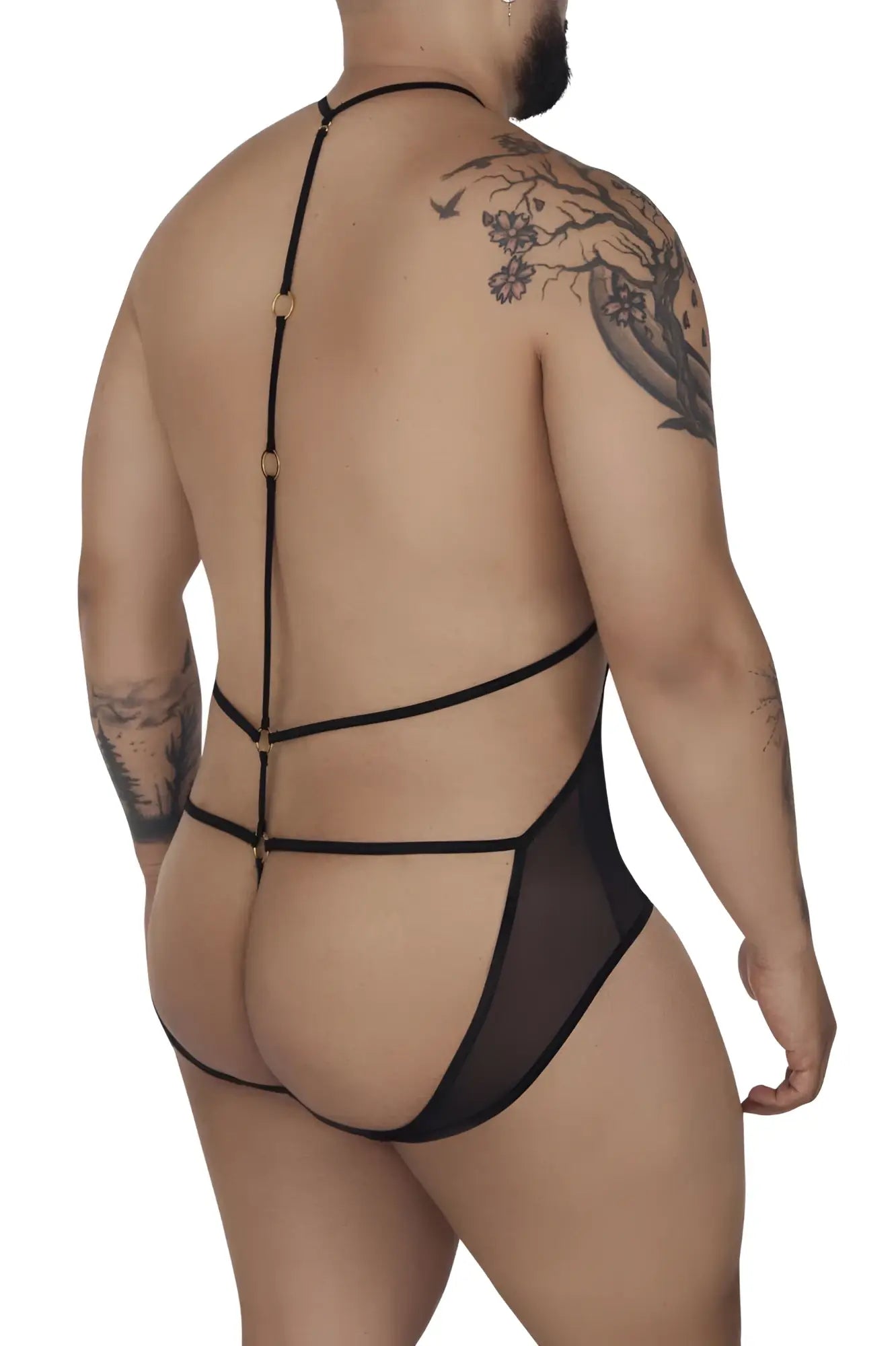 Black sheer tulle bodysuit candyMan 99662X with back strap design and gold toned hardware visible from the back side