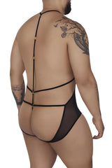 Black sheer tulle bodysuit candyMan 99662X with back strap design and gold toned hardware visible from the back side
