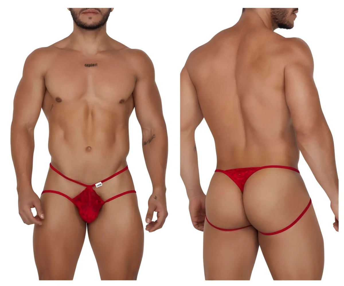 Red lace thong with thin elastic straps and a decorative panel from candyman 99668 jock thongs in red