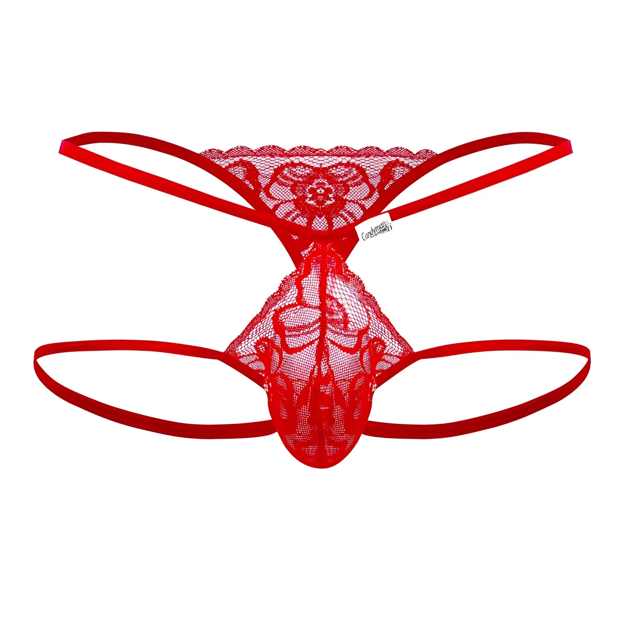 Candyman 99668 jock thong red lace thong with floral pattern and thin elastic straps front view