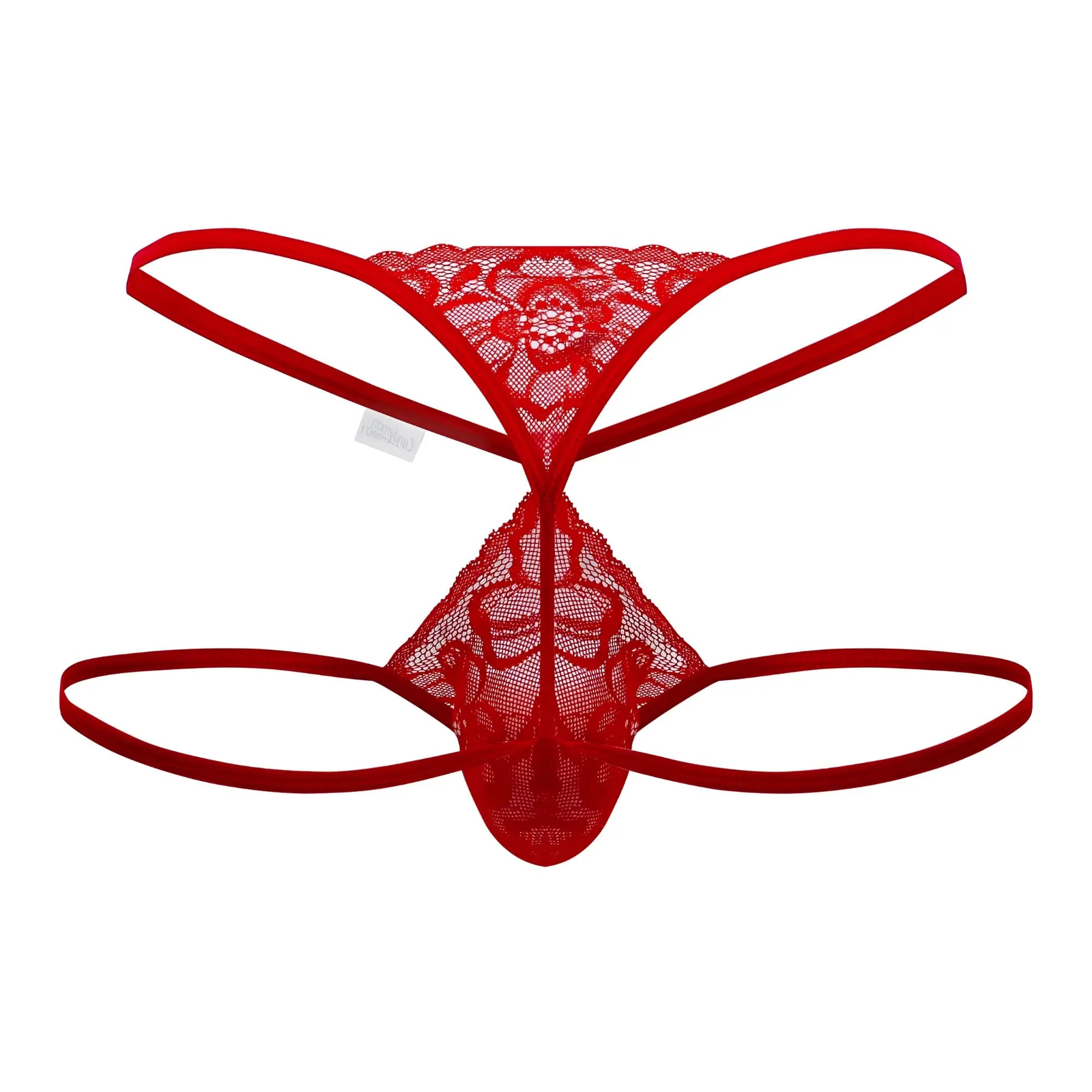 Red lace thong with floral pattern and thin elastic straps from Candyman 99668 jock thongs color red