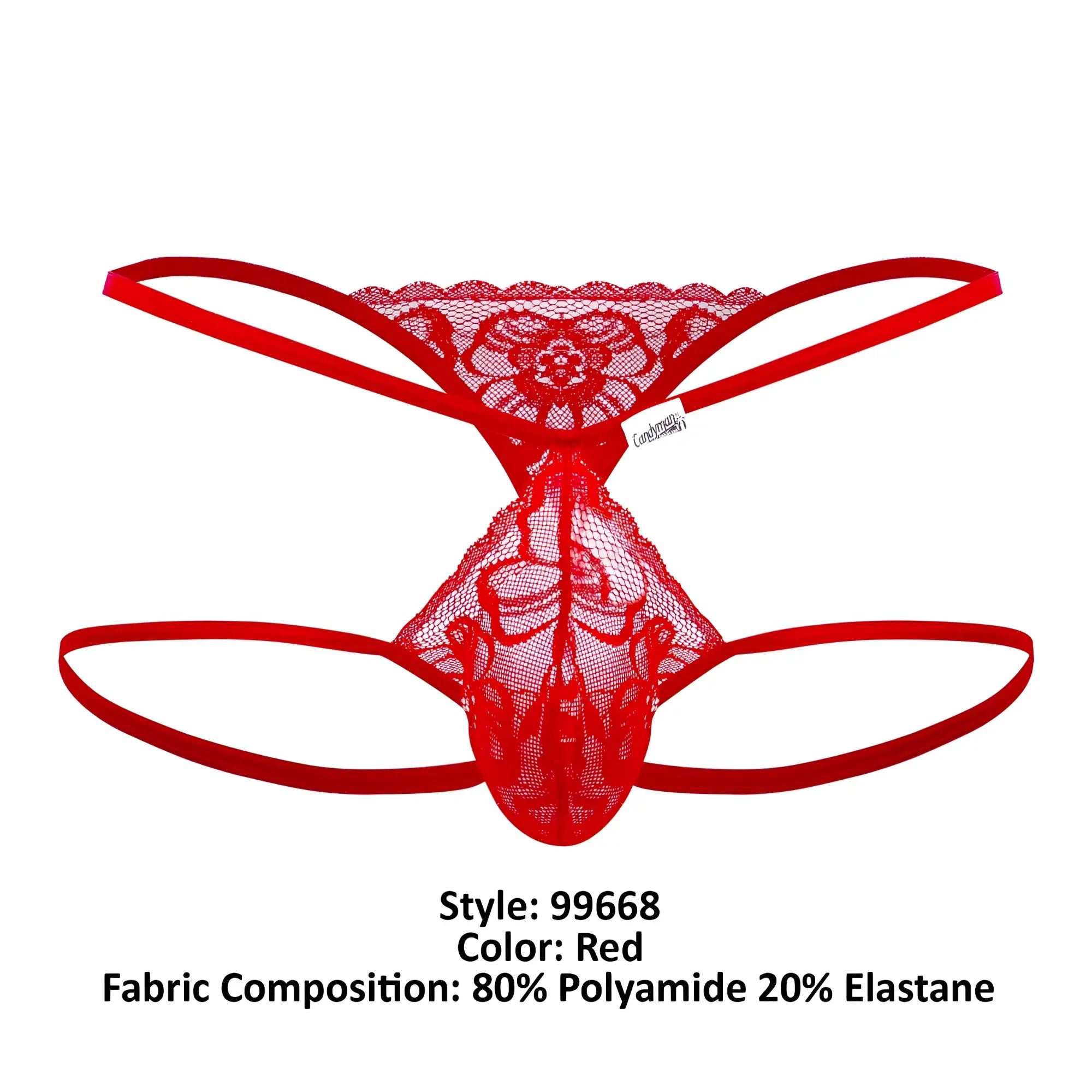 Red lace thong with floral pattern and elastic straps by CandyMan 99668 jock thongs in color red