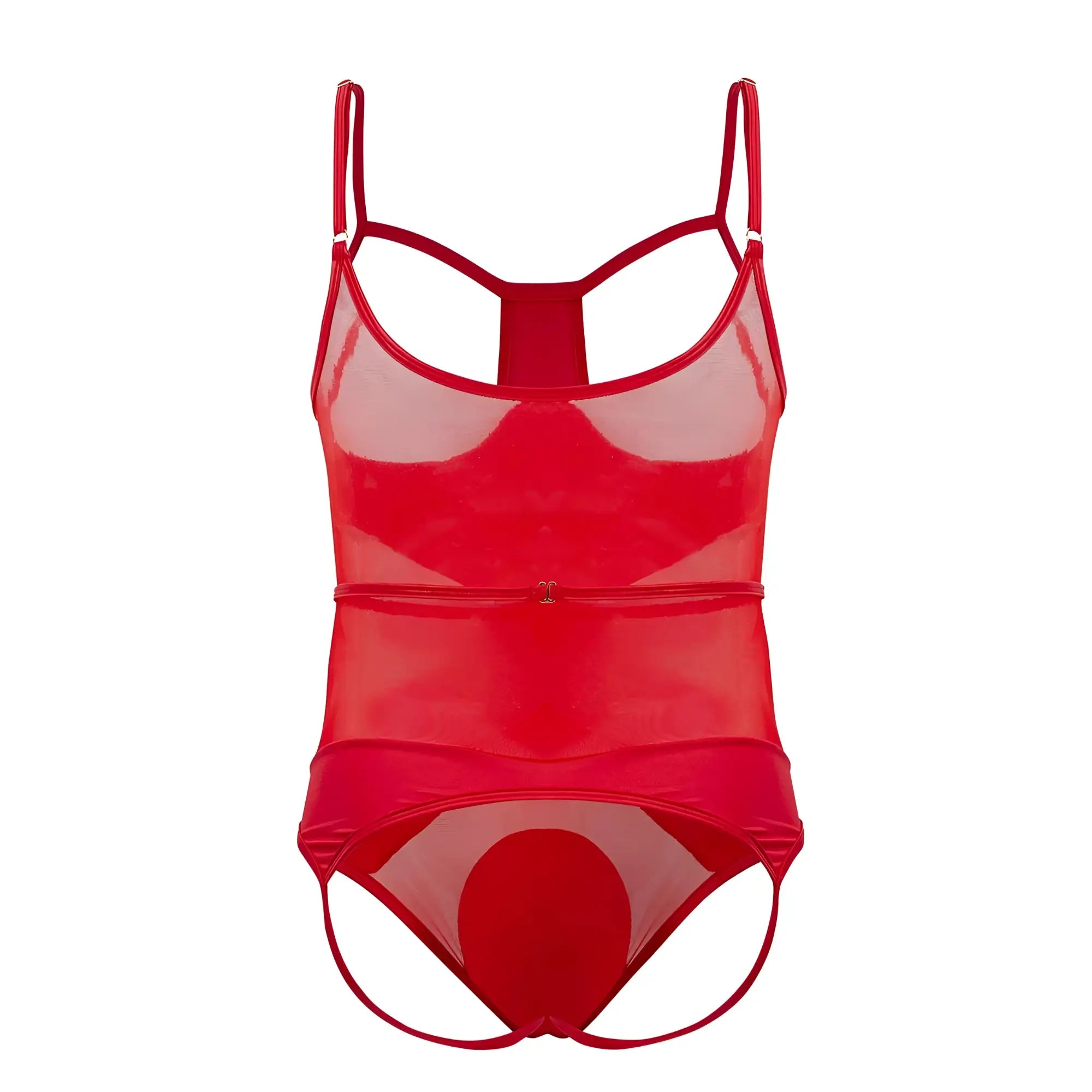 Red sheer mesh one-piece swimsuit with thin straps and central zipper candyMan 99670 harness bodysuit color red