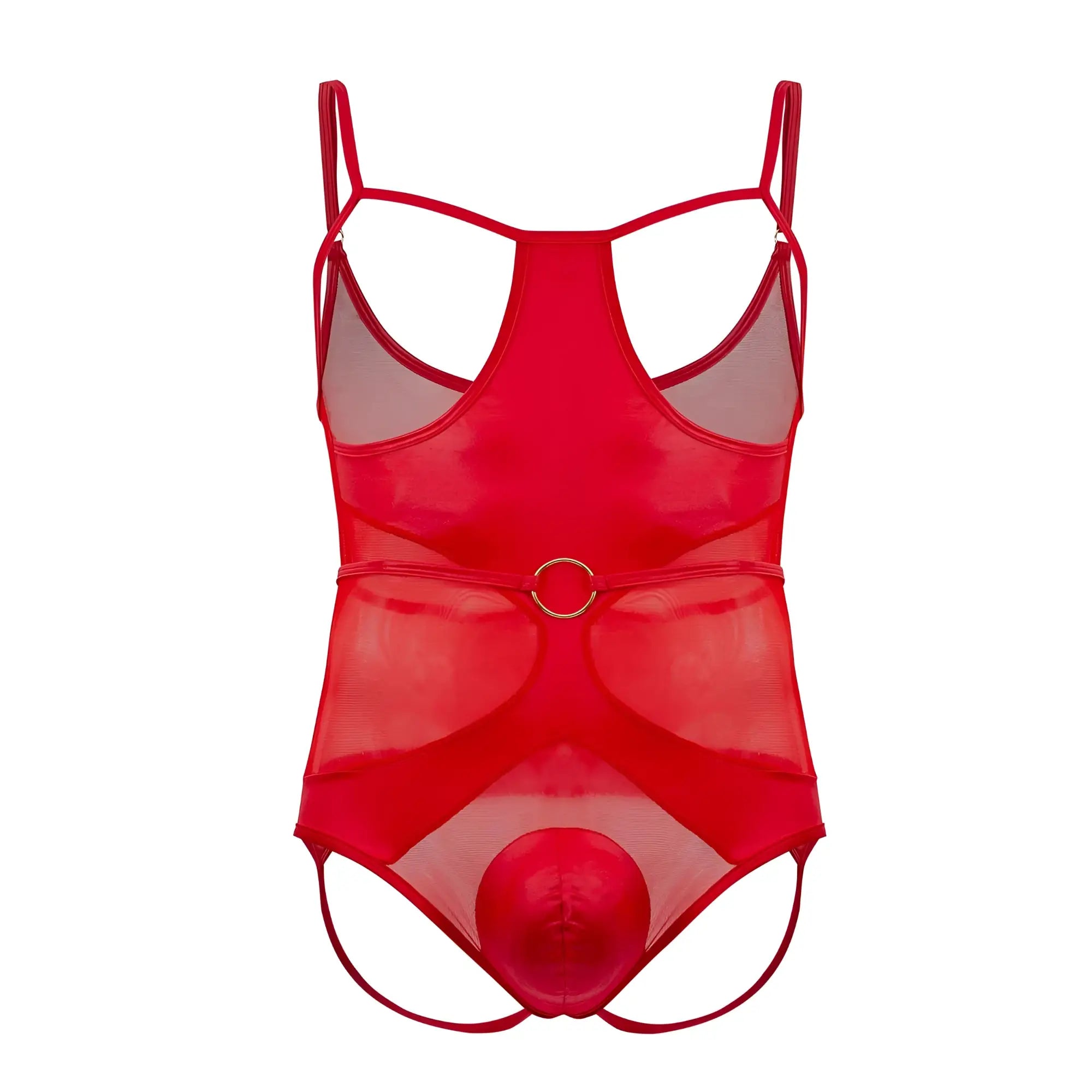 CandyMan 99670 harness bodysuit in red sheer mesh with thin straps and gold toned circular belt buckle