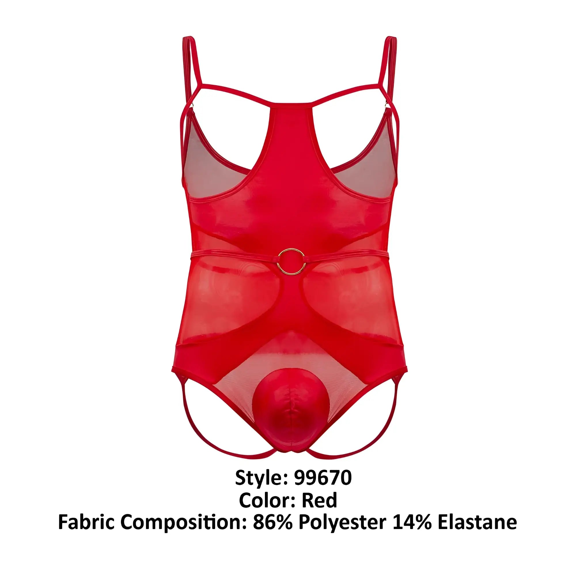 Red sheer mesh harness bodysuit with thin straps and circular metal buckle at the waist by candyman