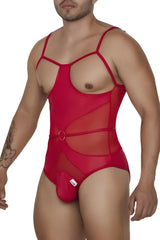 CandyMan 99670 harness bodysuit in red sheer mesh with thin straps and a circular belt detail