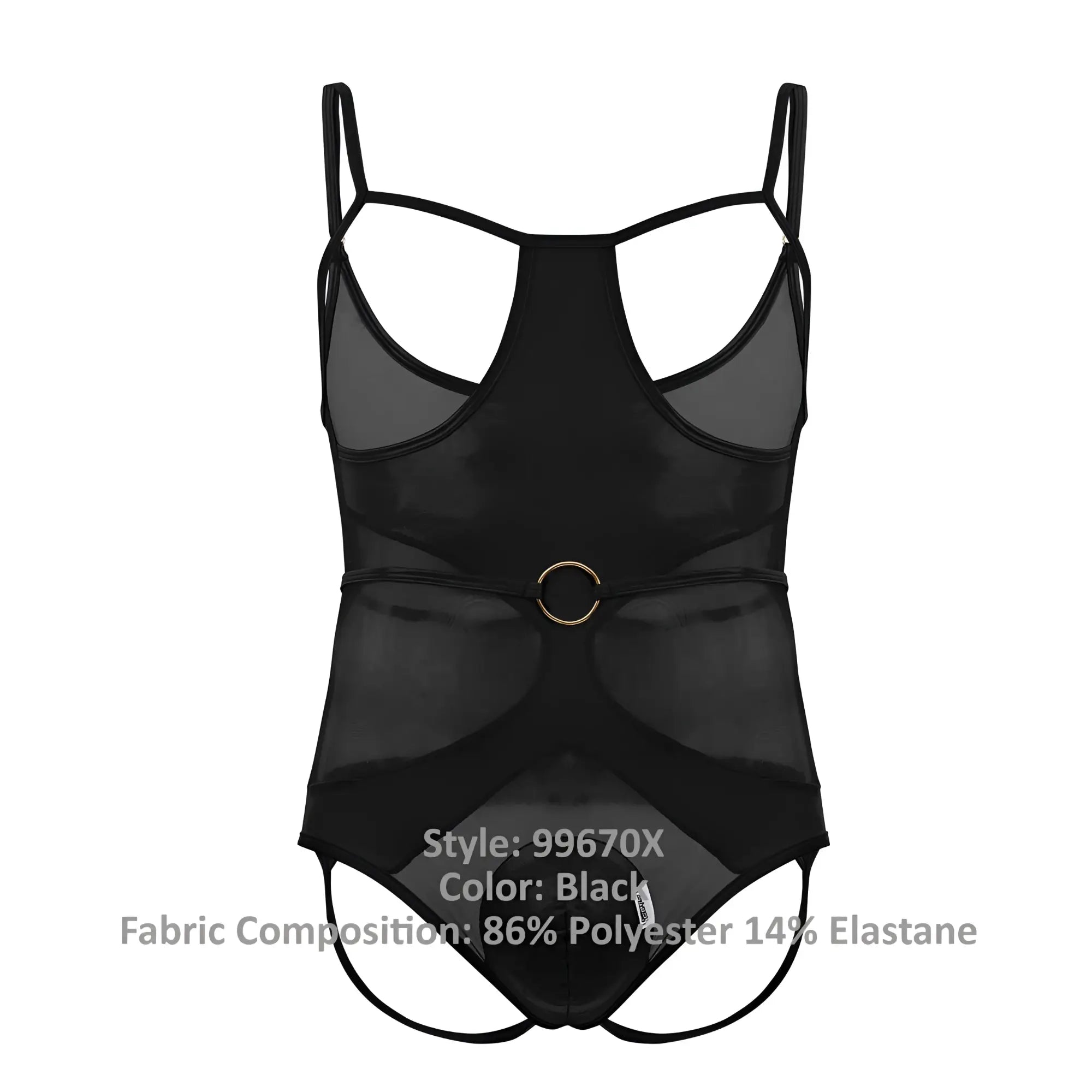 Black sheer mesh one-piece swimsuit with thin straps and gold-toned buckle at waist from candyman 99670x harness bodysuit