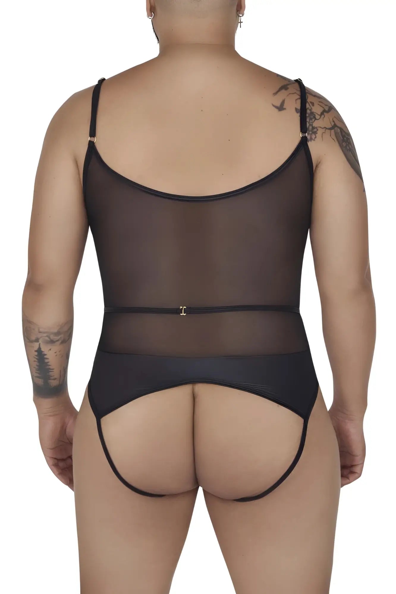 Black sheer mesh candyMan 99670X harness bodysuit with thin straps and back clasp showing the back side