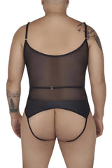Black sheer mesh candyMan 99670X harness bodysuit with thin straps and back clasp showing the back side