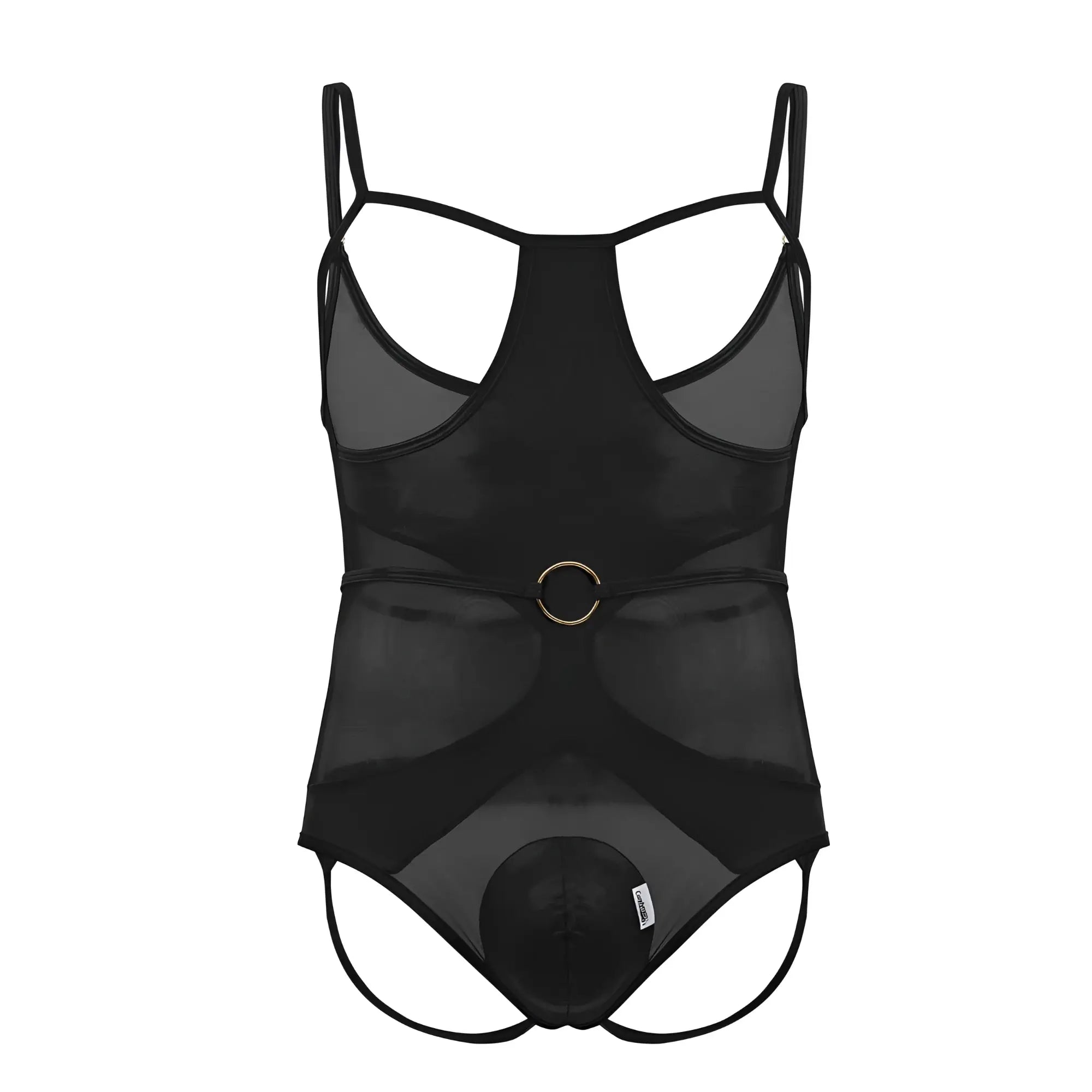 CandyMan 99670X black sheer mesh bodysuit with thin straps and gold-toned circular buckle at the waist
