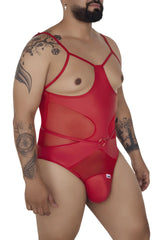 Red candyMan 99670X harness bodysuit in sheer mesh with opaque panels and silver ring buckle at the waist