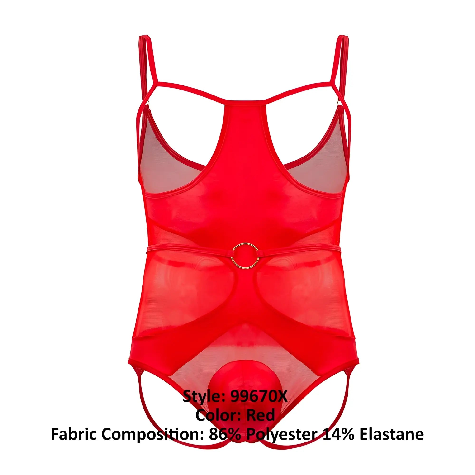 Candyman 99670x harness bodysuit in red sheer mesh with thin straps and metallic ring at the waist