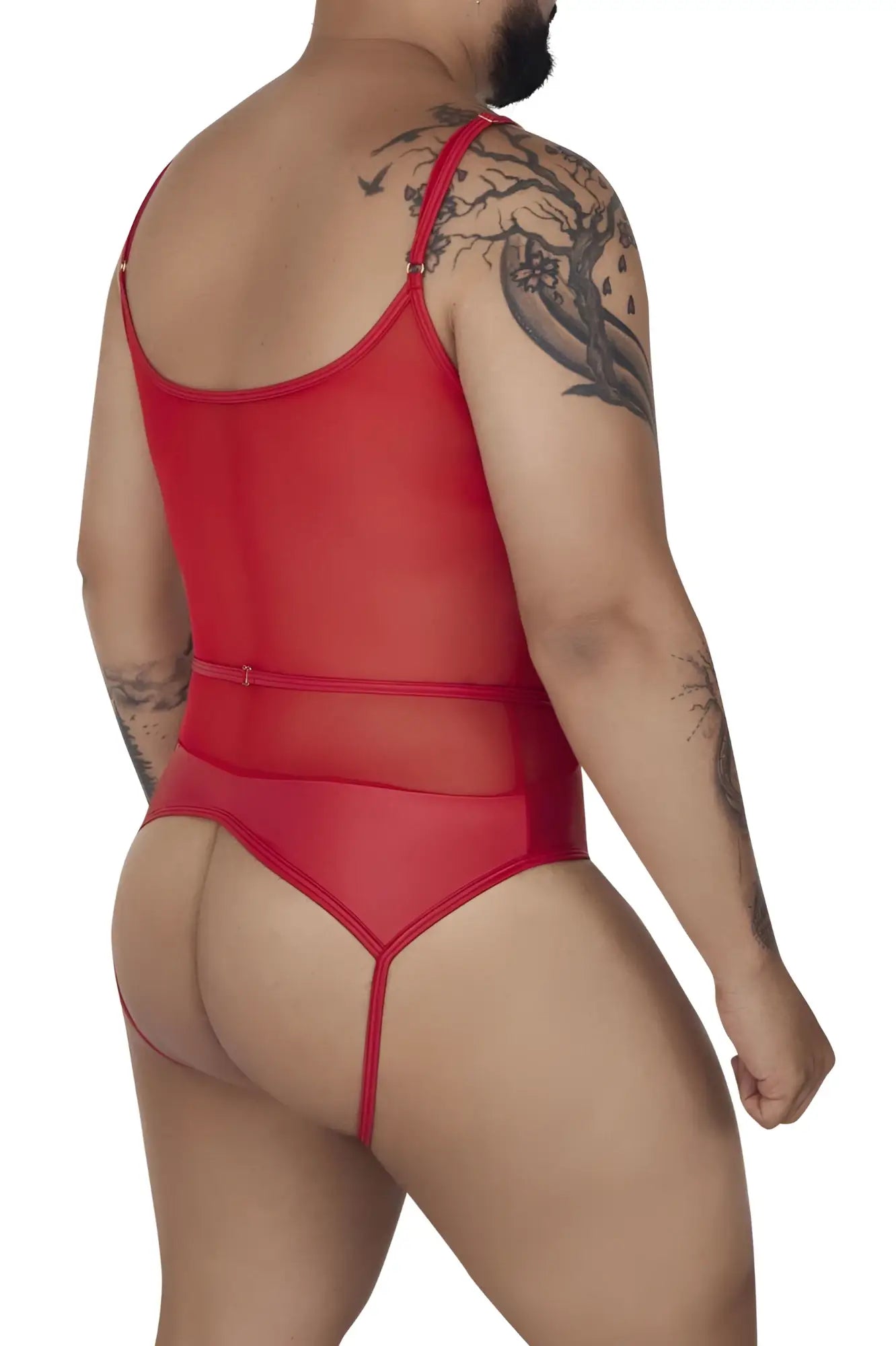 Red candyMan 99670X harness bodysuit in sheer mesh with thin straps and back zipper shown from the back side