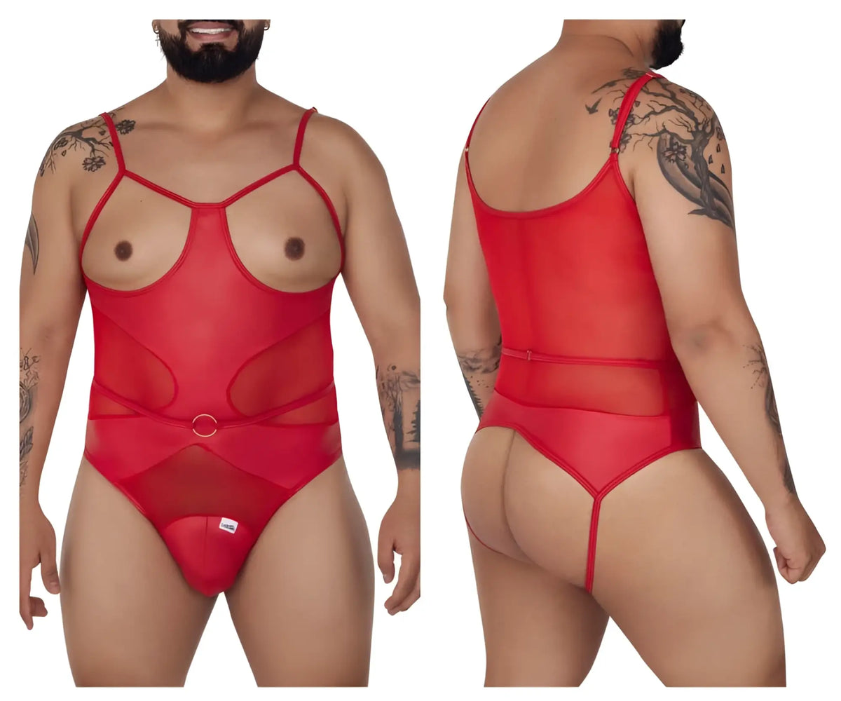 Red sheer mesh candy man 99670x harness bodysuit with thin straps and circular metal buckle at the waist