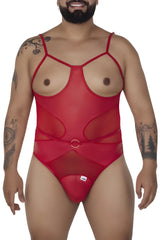 Red sheer mesh harness bodysuit with thin straps and circular metal buckle at waist candyMan 99670X red
