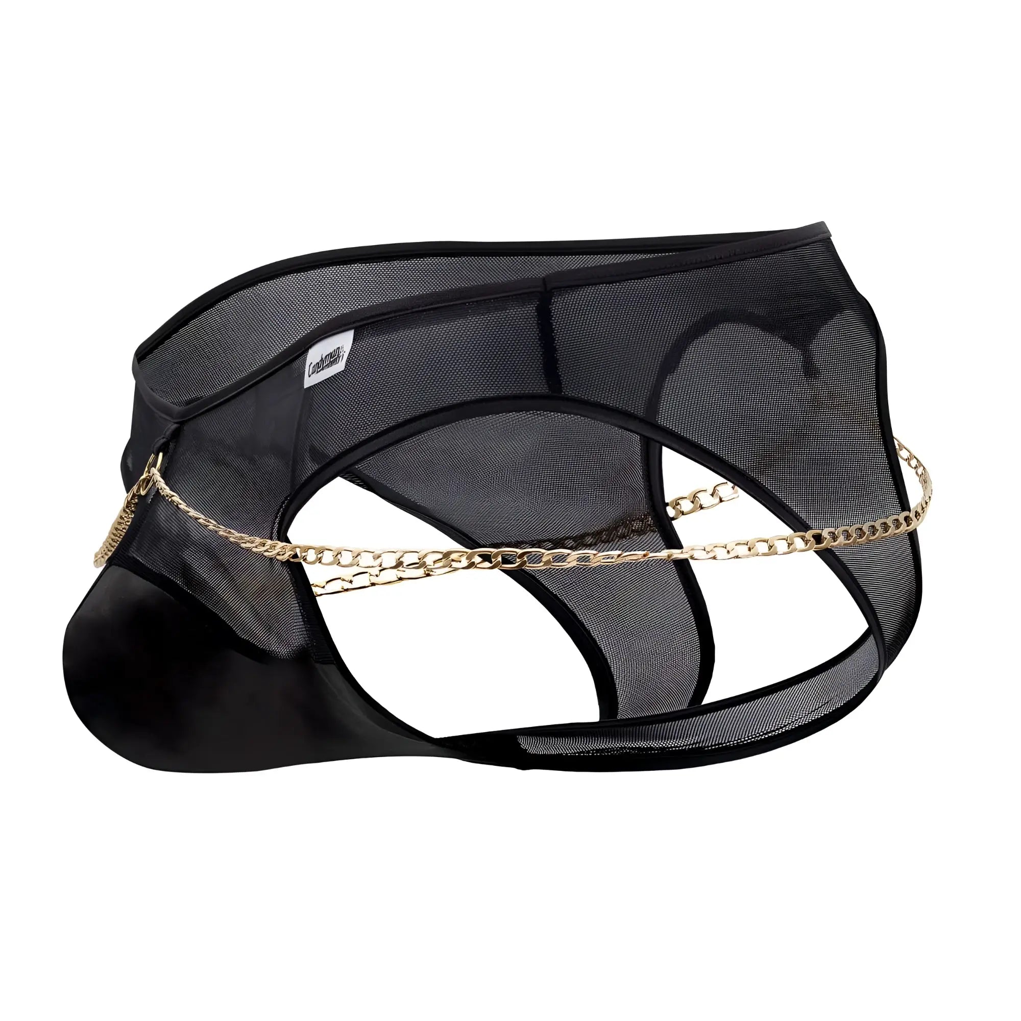 Black mesh men’s underwear candyMan 99672X chain jock briefs with gold chain detail in black color front view