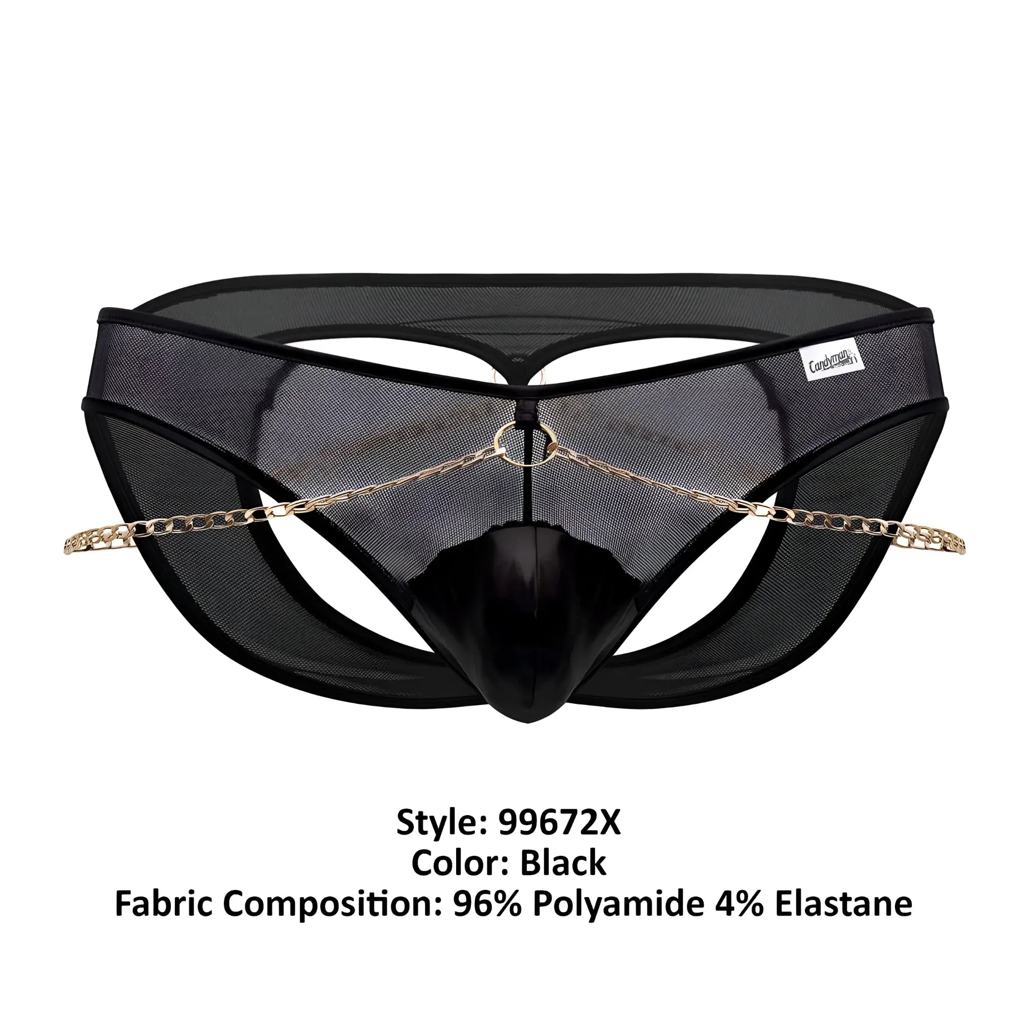 Black mesh candyMan 99672X chain jock briefs with glossy black panel and gold-toned chain detailing in black